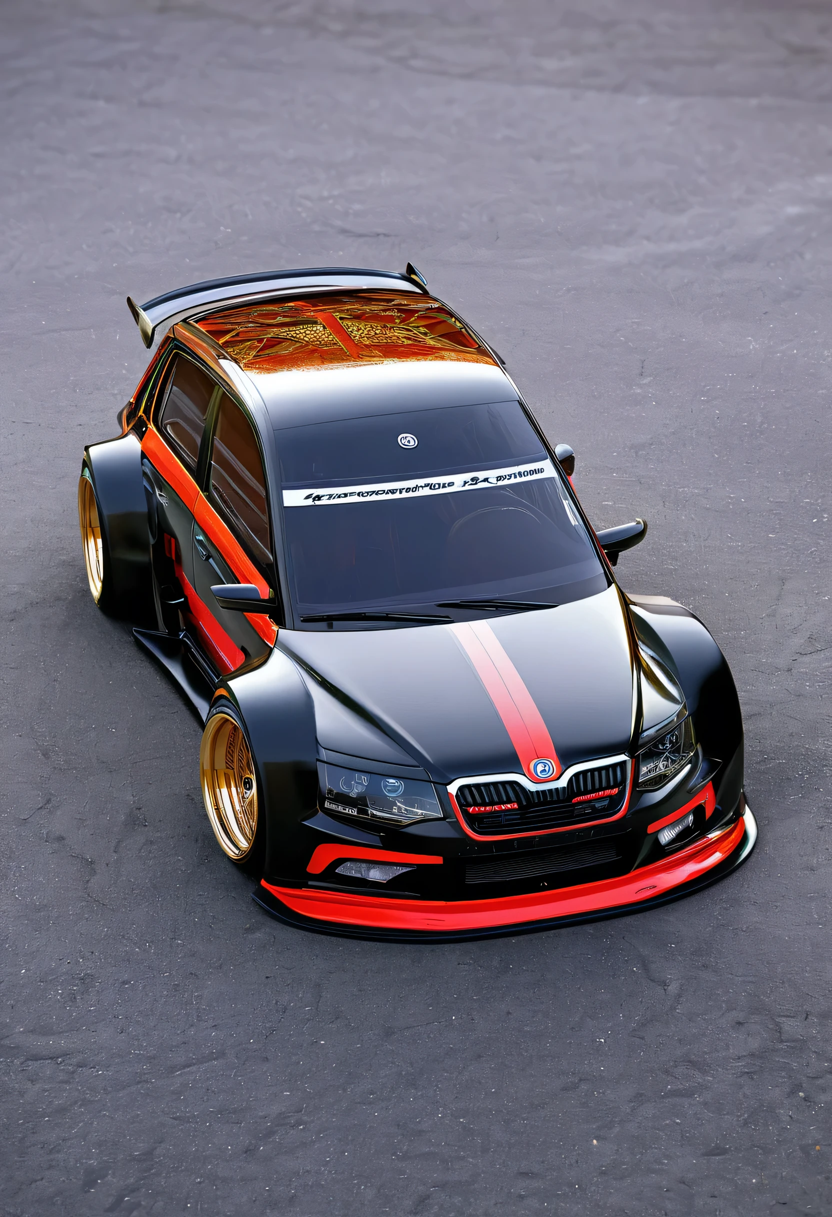 Hyperrealism Frontside Škoda Tudor 2004 concept racing car with extreme big tuning big offroad wheels concept sport special with stripe in black color on car in tuning dyzajn super car line supersport concept in light crystalic velvet red and extreme super magic space light Polar white and night briliant black light chameleon colors, 24K gold shiny rims, detail realistic picture in HD nice beautifull colors. Standing on Šatovská pavement in a black marble showroom.