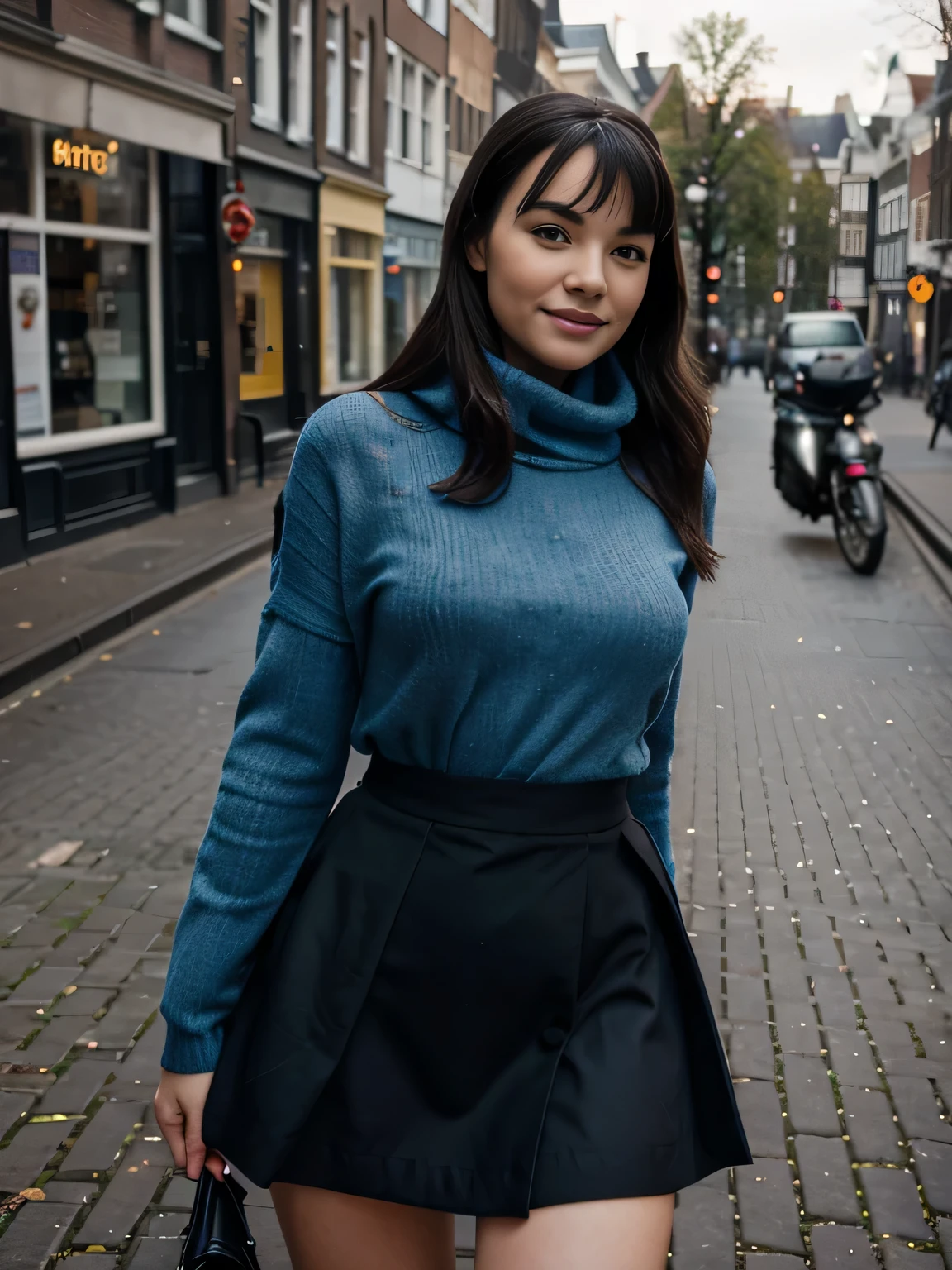 gently smiling Bettie Page detailed freckles, blue eyes, very slim, very short, posing in Amsterdam, modeling, wearing turtleneck, soft gloves,black trench coat,maxy skirt, scarf, The image, realistic hyper-detailed photo captured in stunning Ultra HD, 8k resolution, Nikon D850, — style raw — c 10 — ar 2:3 — s 250V