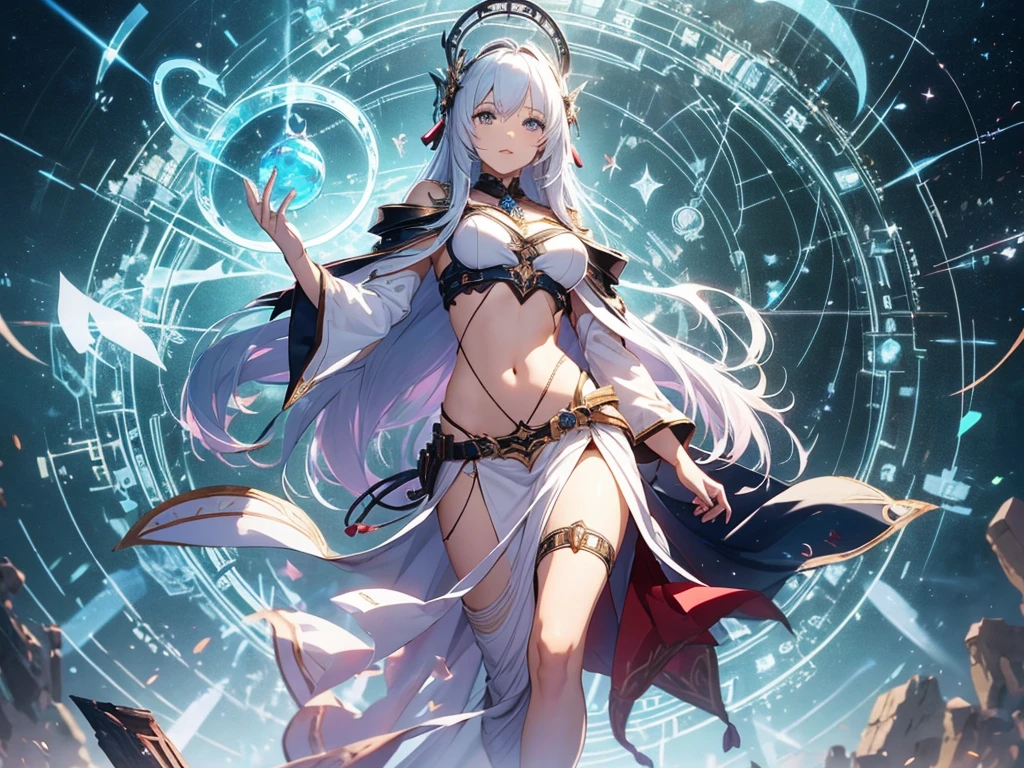 an elf mage, long white hair, bangs, large breasts, exposed thighs, hair between eyes, heroic posture, light blue eyes, full body, white and light blue robe, confident, fantasy, medieval, ice magic, night, lens reflection, glow