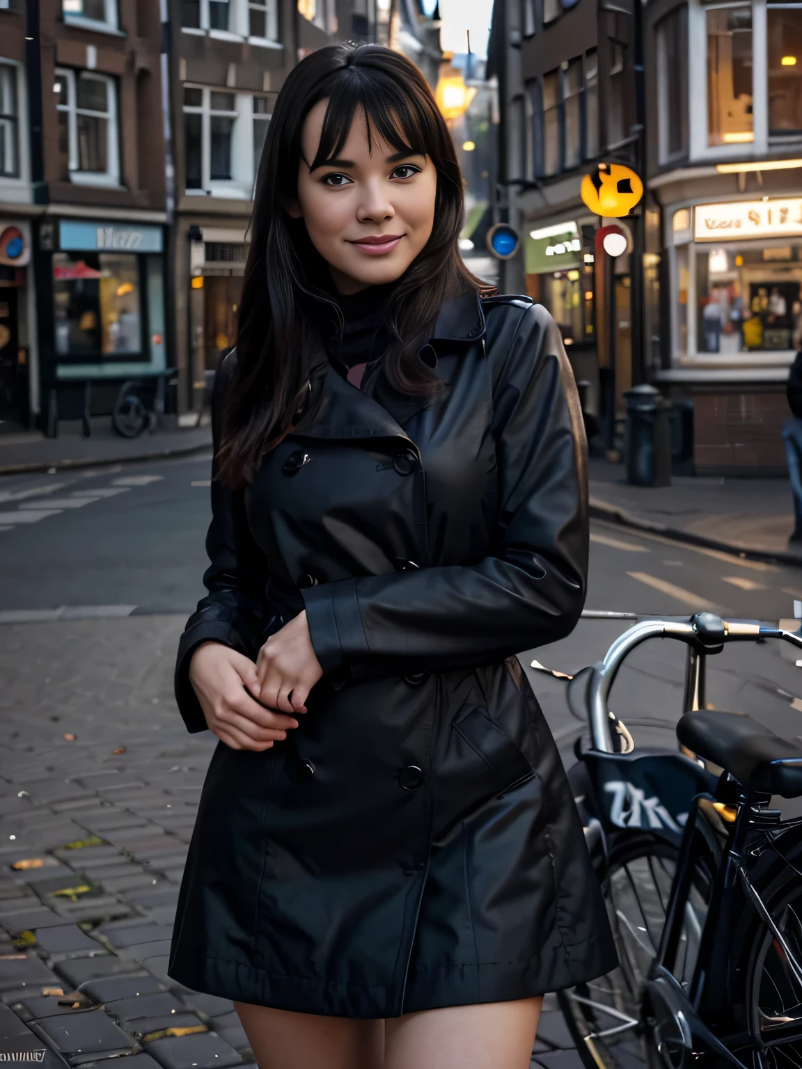 gently smiling Bettie Page detailed freckles, blue eyes, very slim, very short, posing in Amsterdam, modeling, wearing turtleneck, soft gloves,black trench coat,maxy skirt, scarf, The image, realistic hyper-detailed photo captured in stunning Ultra HD, 8k resolution, Nikon D850, — style raw — c 10 — ar 2:3 — s 250V