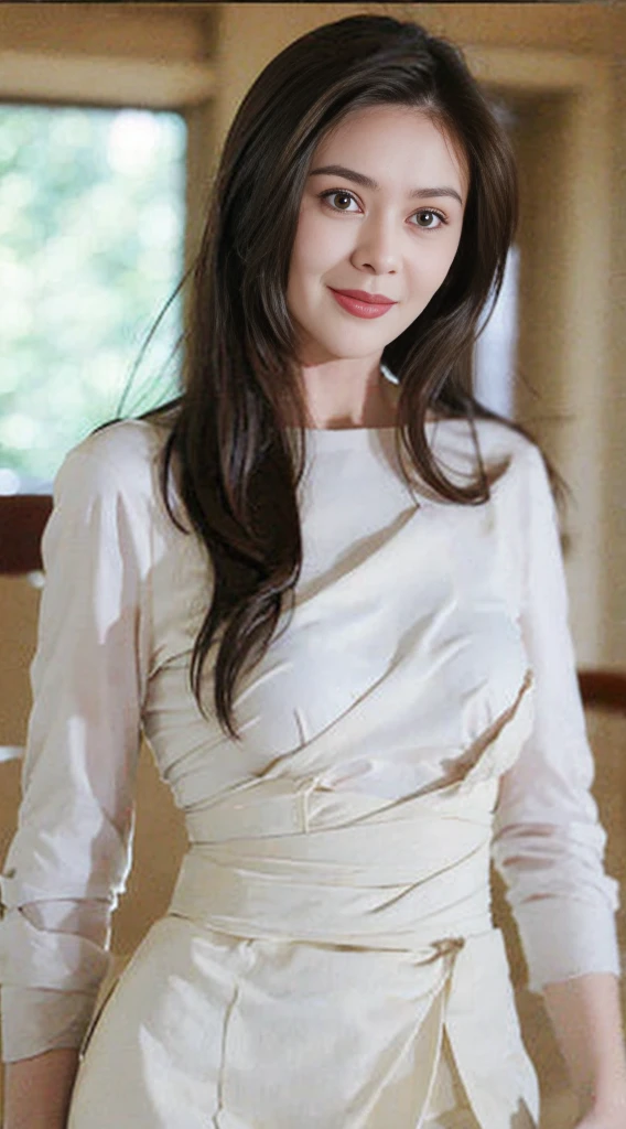 masterpiece, Super detailed, best quality, original photo, (lifelike:1.1), extremely detailed, 1 girl, fair, Smile, small breasts, Brown mid-length detailed hair, (brown eyes), pale skin, from the front, soft light, depth of field ,