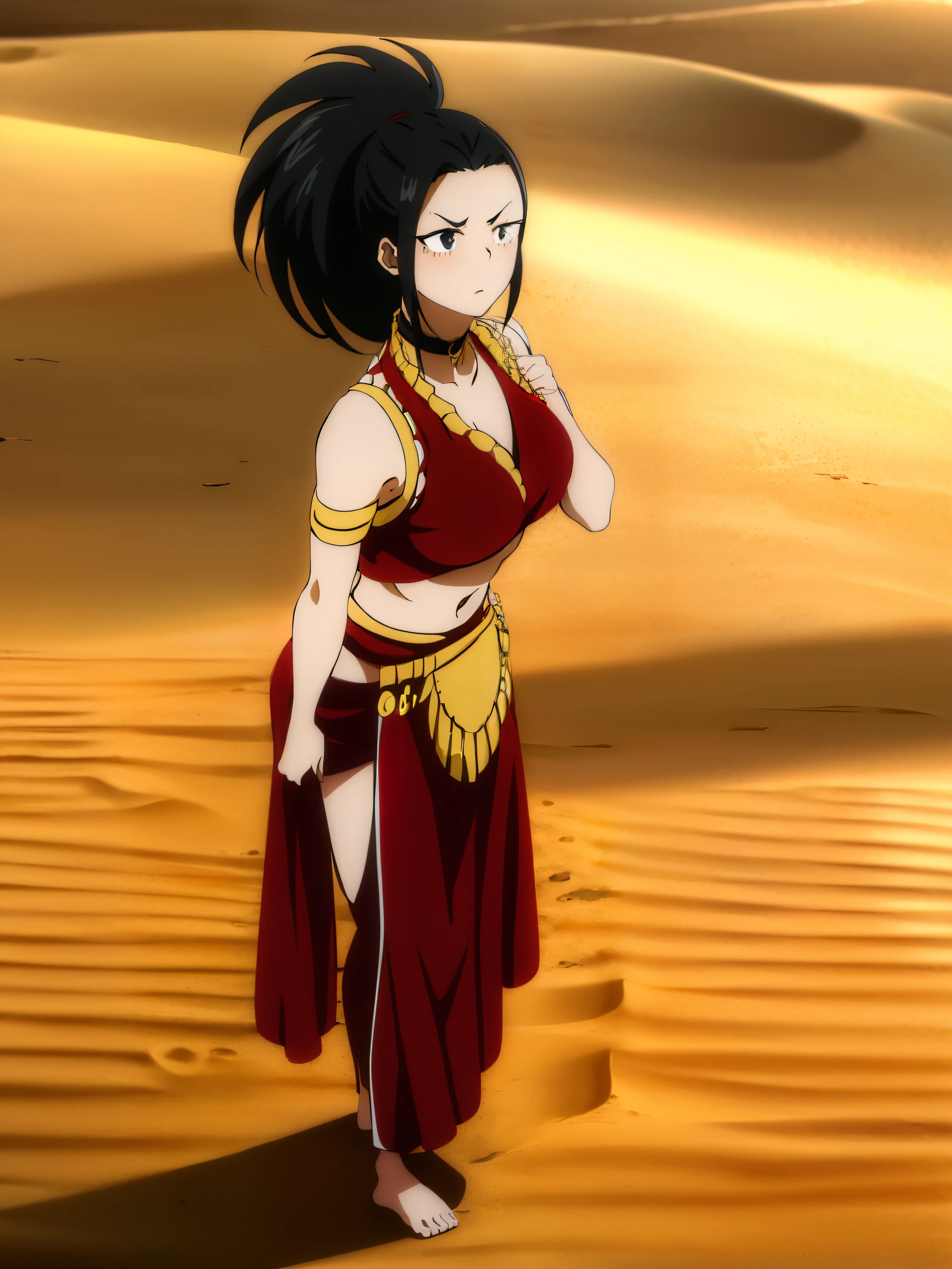 masterpiece, best quality, highres, 1girl, yaoyorozu momo, black hair, ponytail, hair pulled back, black eyes, large breasts, (, upper body, solo, embarrassed, raised eyebrows, standing hoop earrings, outdoors, sand, (detailed, highres:1.2), black choker, egirlmakeup, Egyptian bellydancer, midriff, barefoot, dancer, red belly dancer
