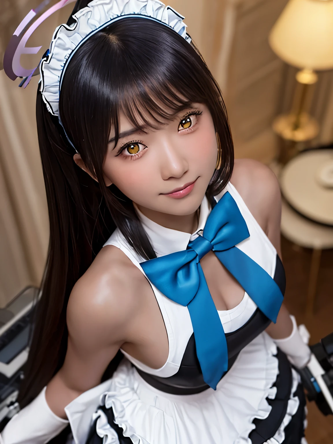 ((shoot from side)), (from above:1.75), (beautiful japanese girl), (Shot with Canon EOS 5D Mark 4 and Canon EF Lens 180mm F2.4L lens, F value 2.4, ISO 50, shutter speed 64), beautiful and fine eyes, perfection , perfection, roll your eyes, detailed face, fine eyes, excellent quality, masterpiece, very detailed, Advanced level of detail, many details, high quality, cinematic light, real hands, (super realistic:1.3), high school student , perfect eyes, detailed skin, skin blemish, 170cm toll, lip gloss, break, 
karin_bluearchive, smile, 屈託のないsmile, 
black hair, dark-skinned female, dark skin, long hair, yellow eyes, bangs, breasts, large breasts, halo, bow, blush, bowtie, blue bow, very long hair, blue bowtie, braless,
nvpu, 1girl, solo, maid, cosplay, maid headdress, maid apron, neck ribbon, bow,
carrying an anti-tank rifle,
 ruins, in the london,