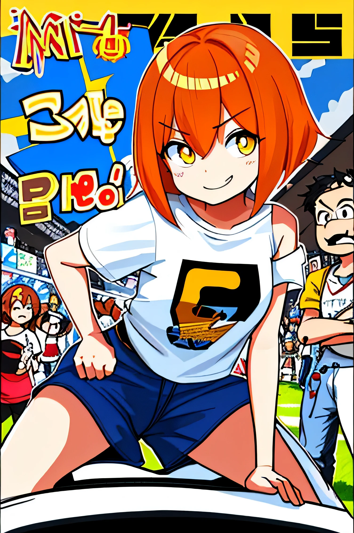 Chicha  with wide shoulder strap pants and very large thighs, a short white t-shirt and the letters "xxx" in the center. She looks like a mischievous and joking girl, with short orange hair in the Shaggy Bob style, yellow eyes and brown pupils, with a pose with both hands on her waist and semi-crouched. : its atmosphere straight out of a comic-con, accompanied by its mocking smile