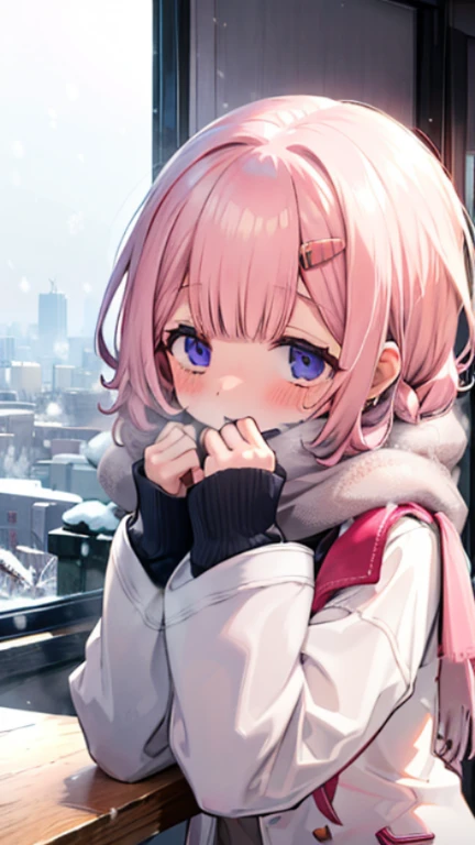 、Peep、A sneak peak、Shyness、blush、embarrassing、blush、peak、show me your face、Shyness笑い、、、顔をscarfで隠す、Warm appearance、put on a coat、snow原、snow像、snow、cold、scarf、scarfを巻く、降snow、Terrace seats、sit、cafeteria、meeting