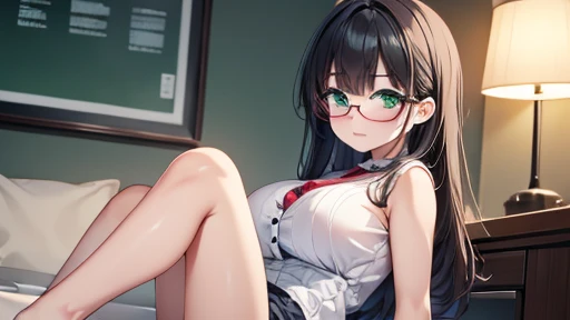 masterpiece,highest quality,wonderful,finely,High resolution,1 girl, big breasts,(straight hair:1.3), black hair, glasses, green eyes,full body