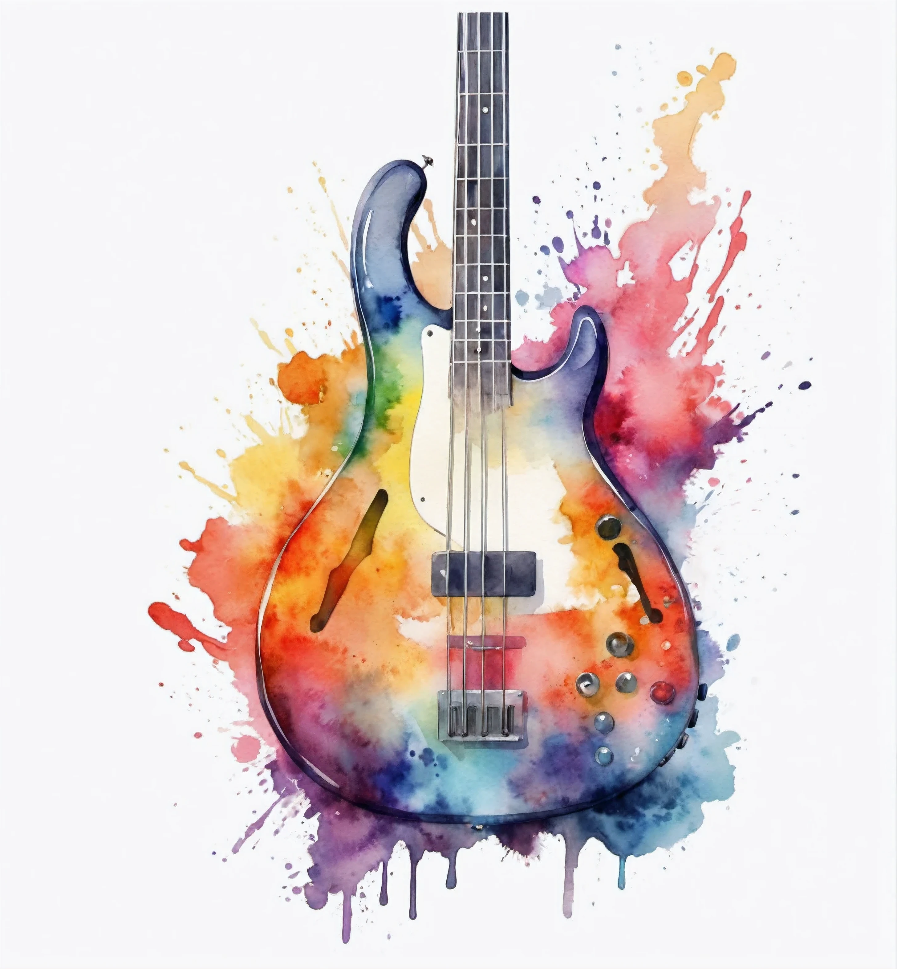 a painting of a guitar with a colorful splash of paint, Music Posters, bassist, Bass music, electric guitar, watercolor style, musical instrument, guitar concept art, Stunning detailed watercolor painting, musical instrument, watercolor digital painting, Masterpieces of watercolor painting, High quality glossy art, watercolor painting, artwork, Contrabass, digital watercolor, watercolor painting風, guitar, artistic illustration