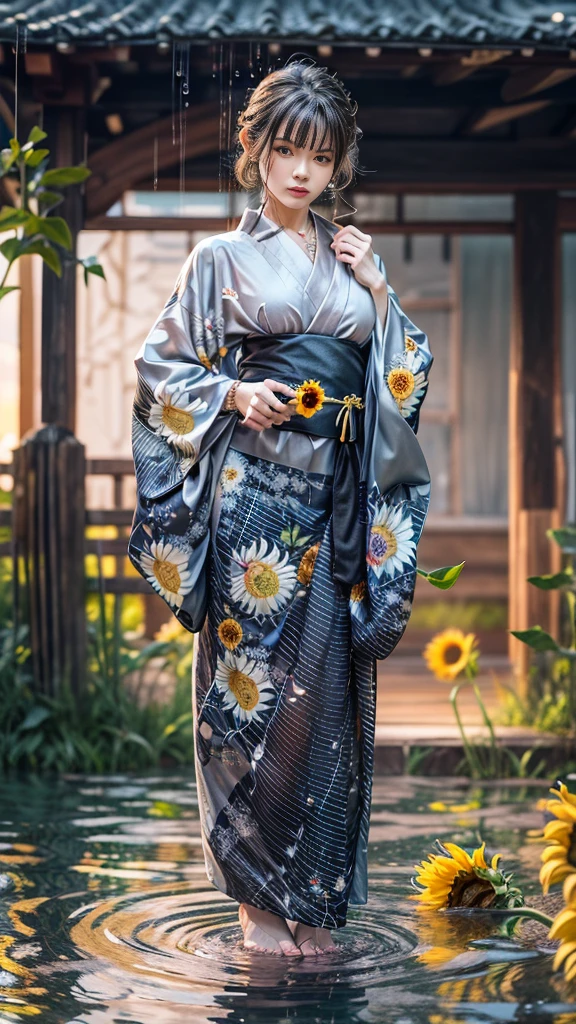 (RAW shooting, Photoreal:1.5, 8K, highest quality, masterpiece, ultra high resolution), (((Summer Sunset))), perfect dynamic composition:1.2, (In front of a shrine at night in a modern city, expression of sadness:0.9, Tears are flowing:0.9, cry with a broken heart:0.9), Highly detailed skin and facial textures:1.2, Slim office lady wet in the rain:1.3, cowboy shot, Fair skin:1.2, sexy beauty:1.1, perfect style:1.2, beautiful and aesthetic:1.1, very beautiful face:1.2, water droplets on the skin, (rain drips all over my body:1.2, wet body:1.2, wet hair:1.3), (Professional kimono dressing:1.1, Holding a bouquet of wet sunflowers:1.2, How to wear a wet silver yukata properly:1.35), (Medium chest, Bra see-through, Chest gap),  (Big eyes that exude beautiful eroticism:0.8, adult charm:0.8, Bewitching:0.8), necklace, earrings, bracelet