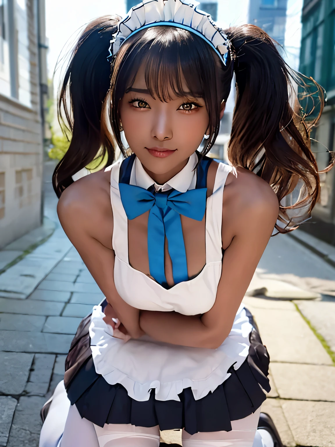 dutch angle, (kneeling:1.5), (legs spread):1.5, (fold-arms:1.75 ), (from below:1.75),  (beautiful japanese girl), (Shot with Canon EOS 5D Mark 4 and Canon EF Lens 180mm F2.4L lens, F value 2.4, ISO 50, shutter speed 64), beautiful and fine eyes, perfection , perfection, roll your eyes, detailed face, fine eyes, excellent quality, masterpiece, very detailed, Advanced level of detail, many details, high quality, cinematic light, real hands, (super realistic:1.3), high school student , perfect eyes, detailed skin, skin blemish, 170cm toll, lip gloss, break, 
karin_bluearchive, smile, 屈託のないsmile, 
black hair, dark-skinned female, dark skin, long hair, yellow eyes, bangs, breasts, large breasts, halo, bow, blush, bowtie, blue bow, very long hair, blue bowtie, braless,
nvpu, 1girl, solo, maid, cosplay, maid headdress, maid apron, neck ribbon, bow,
carrying an anti-tank rifle,
 ruins, in the london,