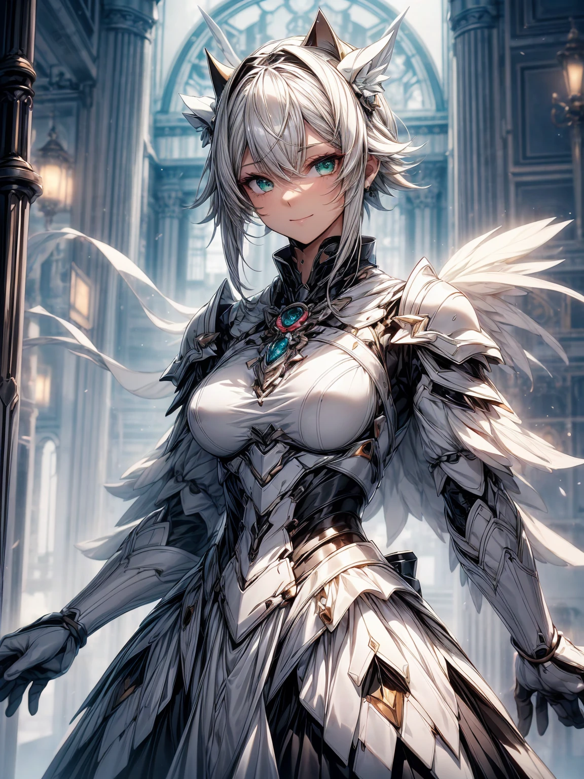 Subtle concept art style：1.1），（art nouveau：1.0），（One of the coolest beauties：1.0）、（20-year-old：1.0）、（medium breasts：1.0）、（in house、A luxurious room for the nobles、sunset window、stylish action pose：1.0）、（medium shot：1.0）、（written boundary depth：1.1）、Blake、
（cute anime face：1.0）、（clear green eyes：1.0）、（Cybernetic Genoid：1.0）、（highly detailed mecha suit：1.3）、（white gothic quillas：1.ink medium hair：1.3）、（Cat ear：1.0）、（complicated dress shirt：1.2）、（large ribbon tie：1.2）、（Large ruby brooch on chest 1.1）、（Gorgeous crinoline：1.2）、faint smile