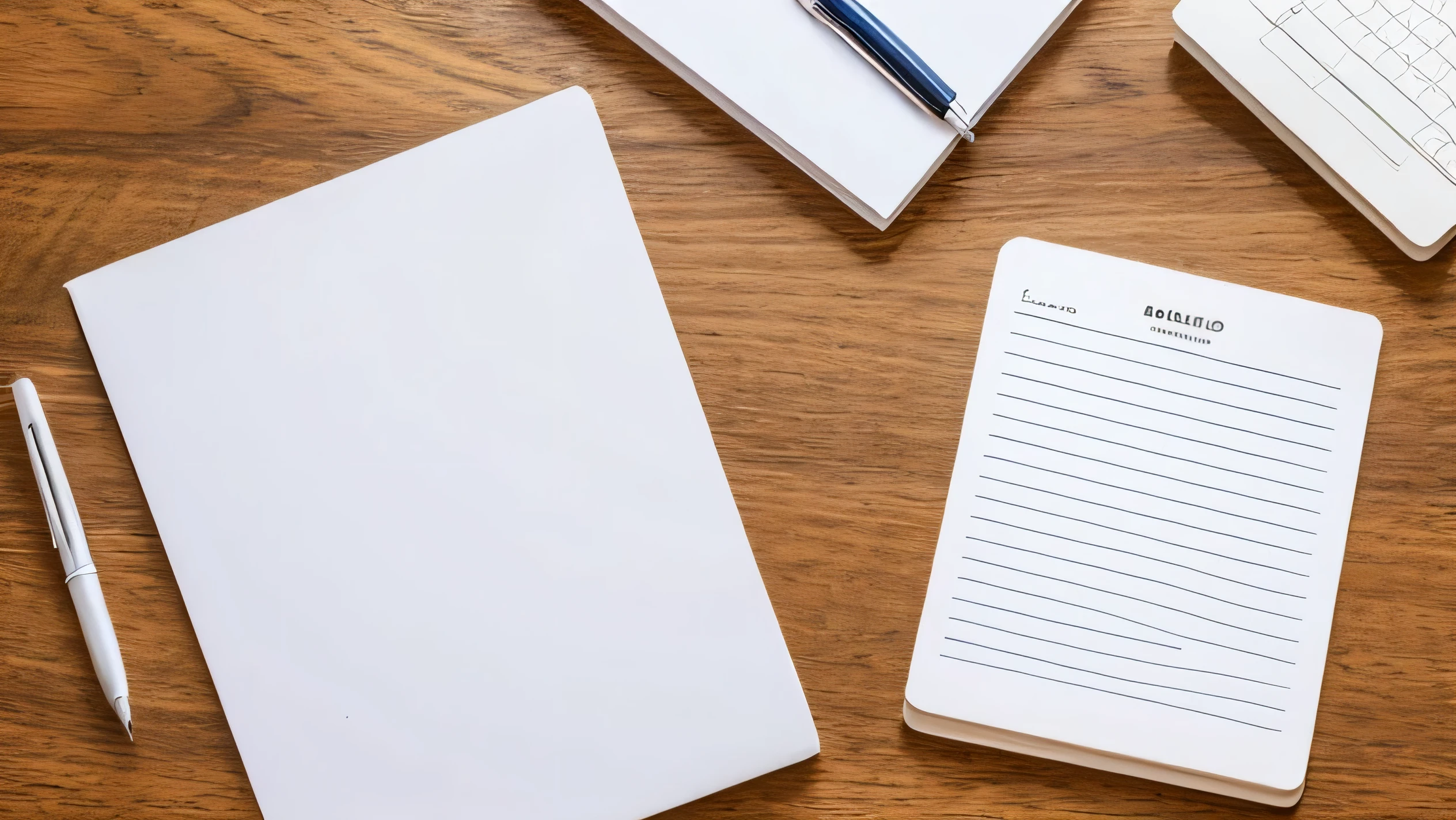 A white sheet of paper on a desk with a pen next to it