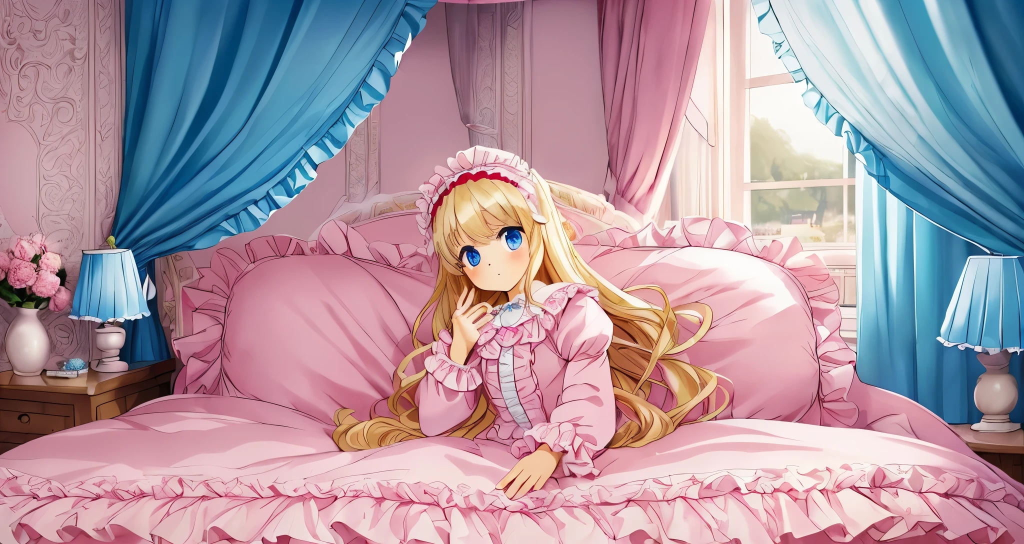 ,highest quality, masterpiece, highest resolution, artwork, super それにget used to it, many get used to it, get used to it, それにget used to it, 3K anime illustration,(( 10 year old girl)),Super detailed baby face,high quality small face,long blonde hair that grows to the waist,blue eyes,白い肌のeuropean,pajamas, european,(((super long blonde hair))),curly hair,blue eyes,((((ピンクのロリータファッションのlong skirtのワンピースドレス)))),((Pink dress with lots of frills and ribbons)),((Luxurious headdress with frills and ribbons)),detailed headdress,,(((big yoke collar))),Yoke collar with ruffles and ribbons,((((long sleeve)))),ruffle sleeves,((((long skirt)))),white ruffle and lace socks,large frill and ribbon pillow,(((Nice pink outfit))),豪華なcanopy bedの上,canopy bed,The bed is surrounded by luxurious curtains,many frilly pillows on the bed,There are many frilly pillows behind the girl.,super detailed background,detailed bed,soft pink comforter,Highly detailed soft ruffle pillow,Beautiful girl illustration,detailed beautiful face,thin hair,detailed eye ,detailed eyes,detailed mouth, arm details,fine hands,Detailed pillow,wide bed,Illustration on the bed, ,((((round futon)))),((((A large ruffled futon that covers the entire bed)))),detailed comforter,detailed bedシーツ,Before bedtime,romantic atmosphere,palace bedroom,((((The lower half of the body is hidden under the futon and the puffy skirt......)))) The girl is leaning on a pile of pillows, ,((((round futon)))),((((A large ruffled futon that covers the entire bed)))),