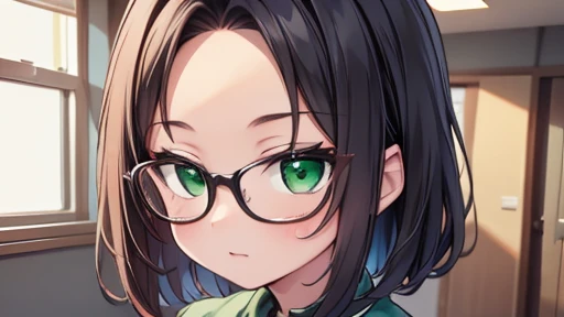 masterpiece,highest quality,wonderful,finely,High resolution,1 girl, big breasts,(forehead:1.3), black hair, glasses, green eyes, full body