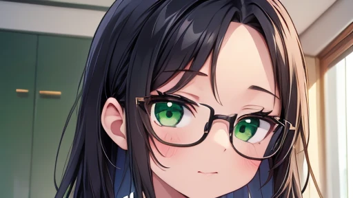 masterpiece,highest quality,wonderful,finely,High resolution,1 girl, big breasts,(forehead:1.3), black hair, glasses, green eyes, full body