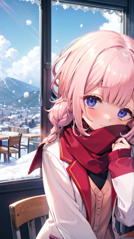 、Peep、A sneak peak、Shyness、blush、embarrassing、blush、peak、show me your face、Shyness笑い、high resolution、Full HD、8K quality、、、顔をscarfで隠す、Warm appearance、put on a coat、snow原、snow像、snow、cold、scarf、scarfを巻く、降snow、Terrace seats、sit、cafeteria、meeting、Drooping eyes、upward glance、peek from below、high perspective