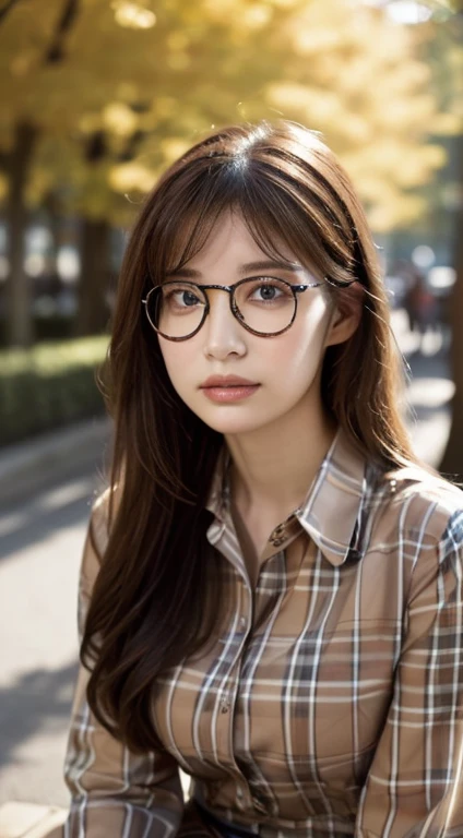 ((highest quality, 8K, masterpiece :1.3)), 1 girl, Slender pretty woman :1.3, (brown hair, shortcut, small breasts:1.2), ((Burberry checked collared shirt)), super detailed face, Highly detailed eye resolution, double eyelid、((Low - Angle))、(semi-long、Hair on my cheeks)、(Sitting at an open-air cafe along an autumnal tree-lined street)、skirt、Downcast gaze、depressed look、((round glasses))