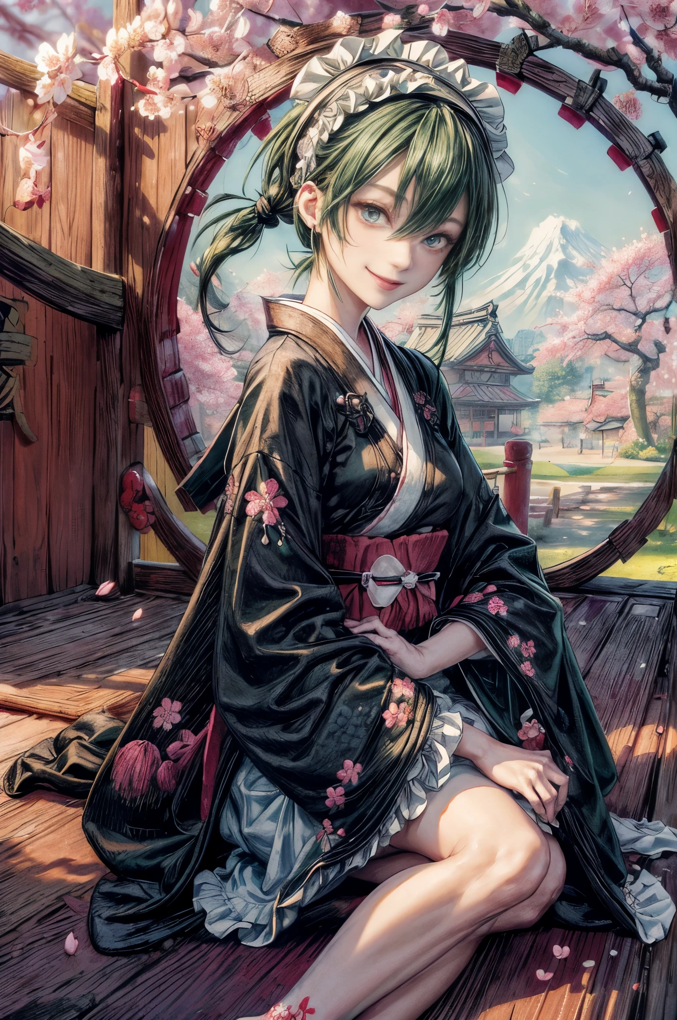 cinematic lighting、highest quality,cyberpunk world、1 female、black theme、(19 year old beauty、small breasts、slender body、blue eyes)(black and green hair、pigtail hairstyle、shoulder length hair:1.2)(Greet with a smile:1.4)、break.(Moss Green Hair)BREAK (fusion of housekeeper costume and black kimono with cherry blossom petal embroidery:1.2), (long kimono sleeve:1.3), BREAK (wearing a white half-apron over a kimono:1.3), ((white brim, maid headband) with ruffles:1.3), BREAK (Japanese clogs geta:1.2),(Highly detailed and accurate hand and foot generation、Removal of excess human body parts:1.4) stand、Morning cherry blossom viewing、(under the cherry tree、park lawn)