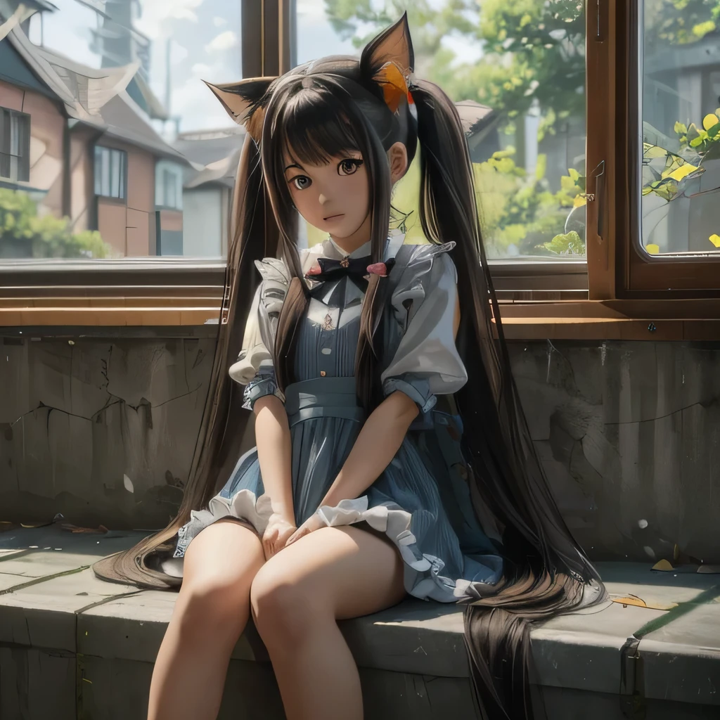 Long haired anime girl sitting on a ledge in front of a window, very beautiful anime cat girl, anime girl with cat ears, realistic anime 3 d style, charming cat girl, anime cat, hyper realistic anime, real anime girl, beautiful anime catgirl, anime realism style, realistic anime artstyle, realistic anime, anime girl squatting, ((Very realistic hair))
