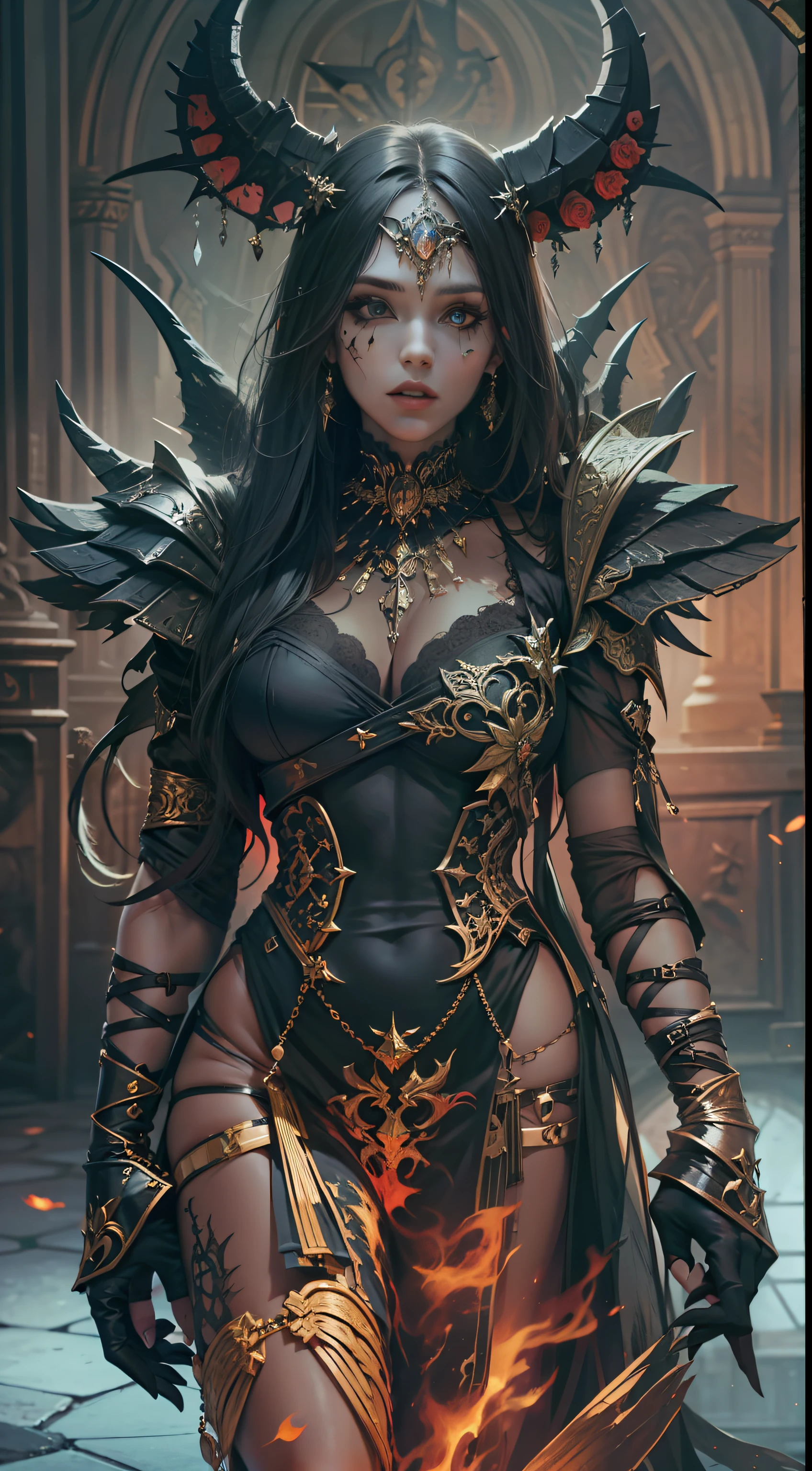 Beautiful woman in insanely intricate Demonic sorceress Outfit