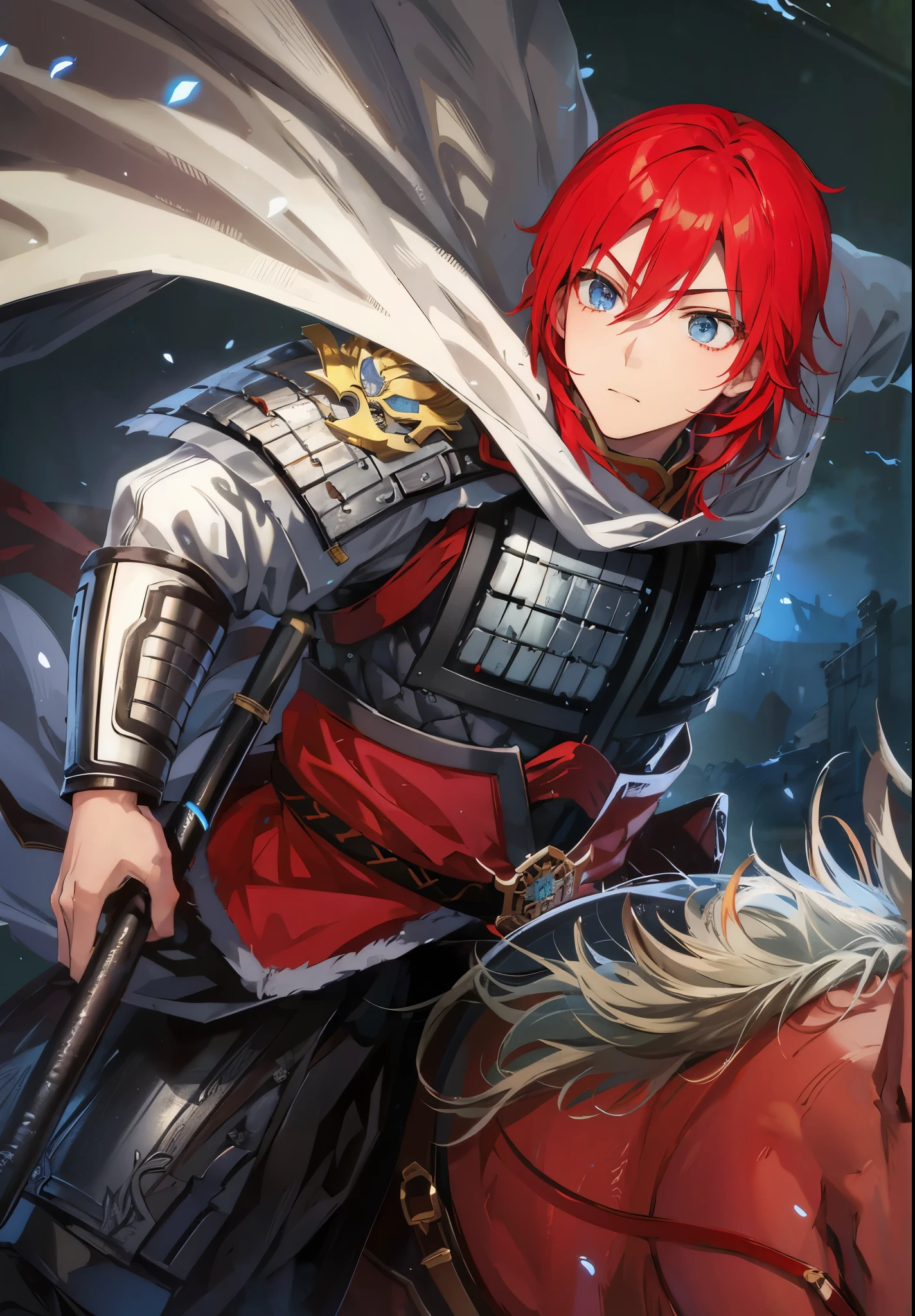 Red-haired anime character riding a red horse,手拿长枪骑着红马的handsome guy,Inspired by Zhao Yun,Inspired by the red-haired Chinese warrior Jiang Wei from Dynasty Warriors, fantasy style anime, wearing shining armor, 先进的数字动漫艺术”Anime Fantasy Artwork, Detailed anime character art, 斩妖除魔艺术中的handsome guy, shadow poetry style, wearing shining plate armor, Anime Fantasy Illustration, zero art, Anime Fantasy Artwork,Three Kingdoms style,Dynasty Warriors style,blue eyes,Red eyebrows,Dark red eyelashes,young general,Wearing a Chinese style helmet,handsome guy,Zhao Yun's helmet,The expression is slightly serious,Drinking the enemy