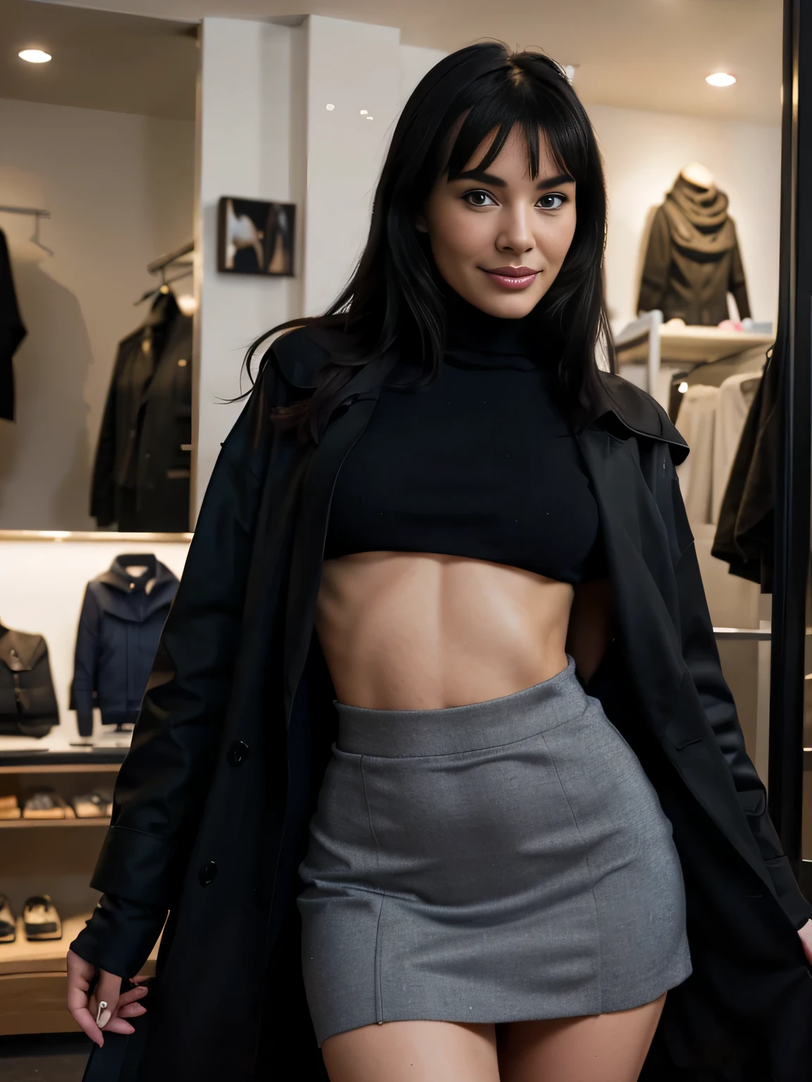 shy smiling Bettie Page detailed freckles, blue eyes, very slim, very short, making love inside a sexy shop, witha black man, modeling, wearing turtleneck, soft gloves,black trench coat,maxy skirt, scarf, The image, realistic hyper-detailed photo captured in stunning Ultra HD, 8k resolution, Nikon D850, — style raw — c 10 — ar 2:3 — s 250V