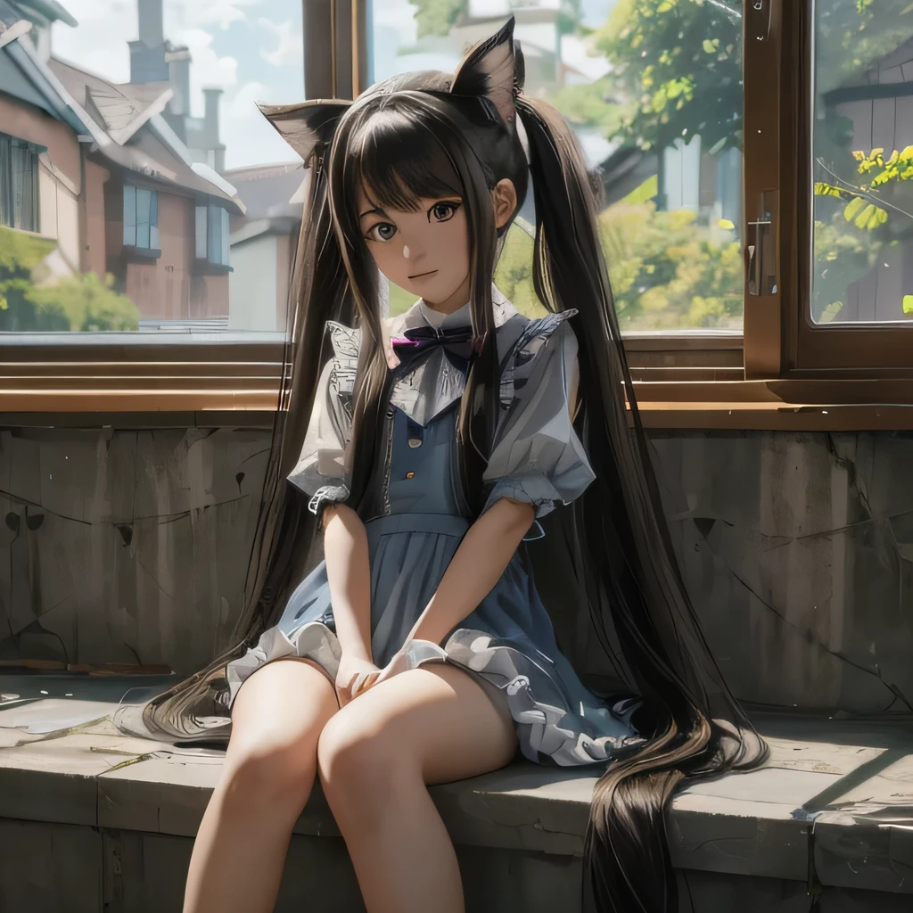 Long haired anime girl sitting on a ledge in front of a window, very beautiful anime cat girl, anime girl with cat ears, realistic anime 3 d style, charming cat girl, anime cat, hyper realistic anime, real anime girl, beautiful anime catgirl, anime realism style, realistic anime artstyle, realistic anime, anime girl squatting, ((Very realistic hair))