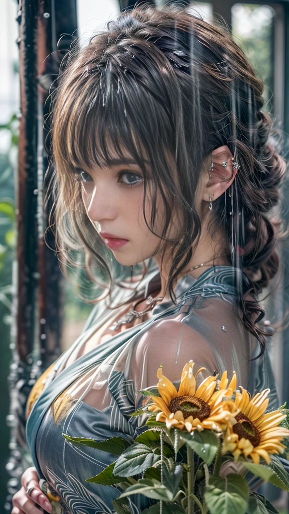 (RAW shooting:1.5, Photoreal, 8K, highest quality, masterpiece, ultra high resolution), (((Summer Night Shower))), perfect dynamic composition:1.2, (In front of a shrine at night in a modern city, expression of sadness:0.9, Tears are flowing:0.9, cry with a broken heart:0.9), Highly detailed skin and facial textures:1.2, Slim office lady wet in the rain:1.3, cowboy shot, Fair skin:1.2, sexy beauty:1.1, perfect style:1.2, beautiful and aesthetic:1.1, very beautiful face:1.2, water droplets on the skin, (rain drips all over my body:1.2, wet body:1.2, wet hair:1.3), (Professional kimono dressing:1.1, Holding a bouquet of wet sunflowers:1.2, How to wear a wet silver yukata properly:1.35), (Medium chest, Bra see-through, Chest gap),  (Big eyes that exude beautiful eroticism:0.8, adult charm:0.8, Bewitching:0.8), necklace, earrings, bracelet