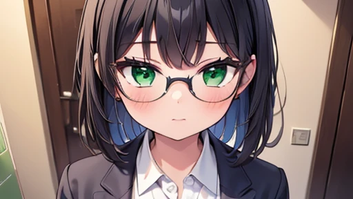 masterpiece,highest quality,wonderful,finely,High resolution,1 girl, big breasts,(messy hair:1.3), black hair, glasses, green eyes, full body