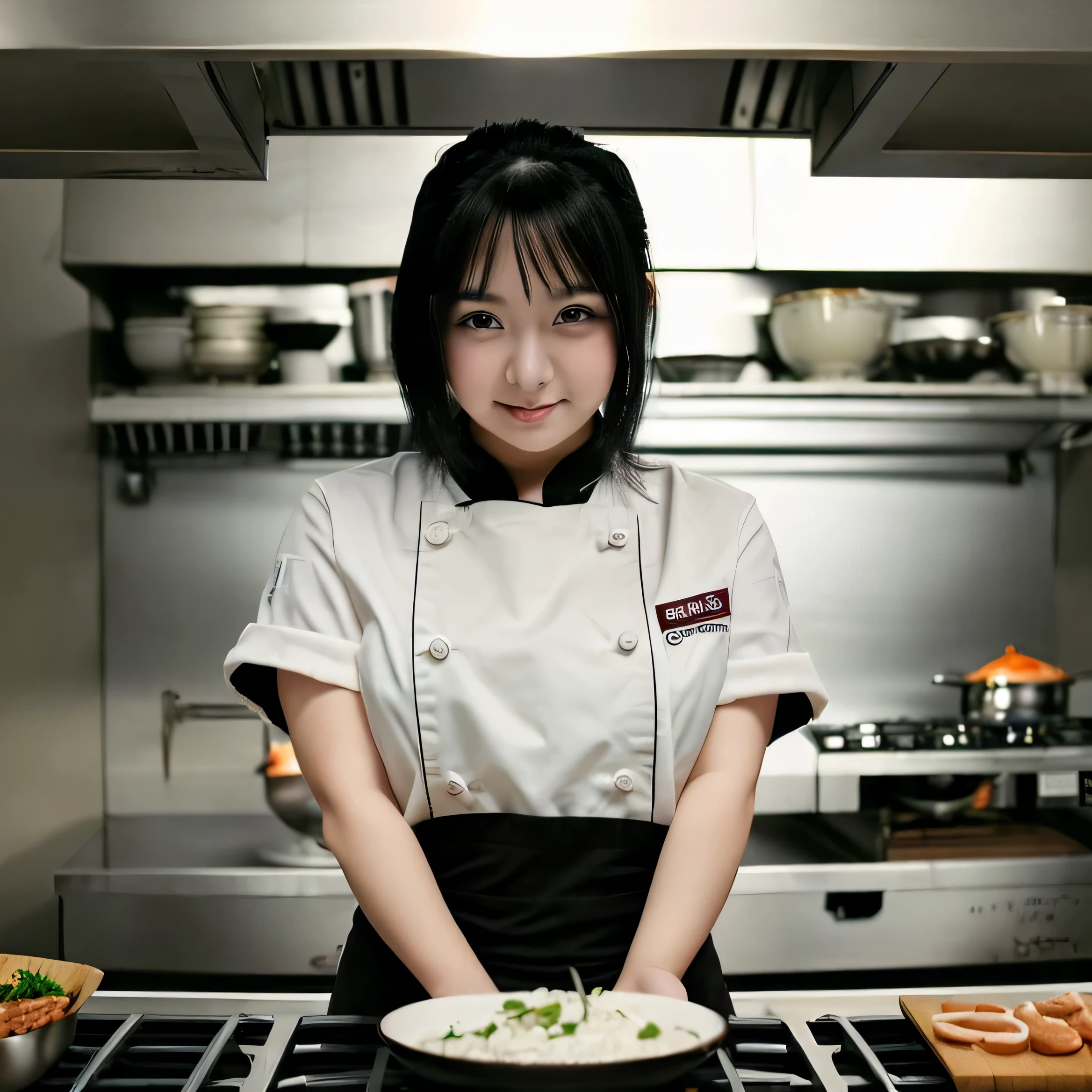 ((masterpiece)), ((stunning)), Alluring portrait of a 23 year old asian girl wearing chef clothes, chubby body. Her black hair flowed down her back, framing her pale, charming face. The background displays a dark and detailed kitchen atmosphere