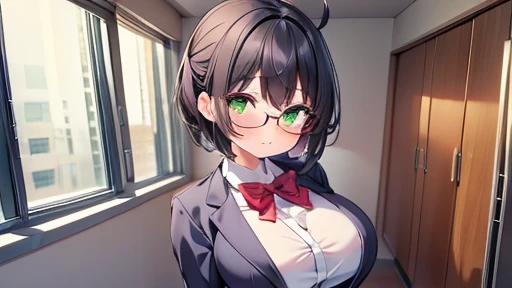 masterpiece,highest quality,wonderful,finely,High resolution,1 girl, big breasts,(ahoge:1.3), black hair, glasses, green eyes,full body