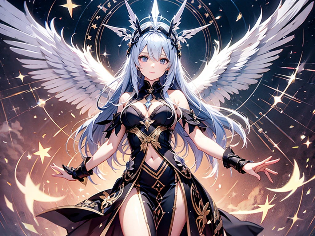 a goddess of the magic, sexy and beautiful, A pair of black and white feather wings behind the back, upright star totem float behind the back, magic circle on feets, halo, super textured skin, super detail face, perfect face, Super fine facial details, beautiful and delicate eyes, perfect eyes, correct limbs, correct figner, super detail figner, best hair quality, best clothing quality, best prop quality, best halo detail and quality, best magic circle detail and quality, complex halo detail, anatomically correct