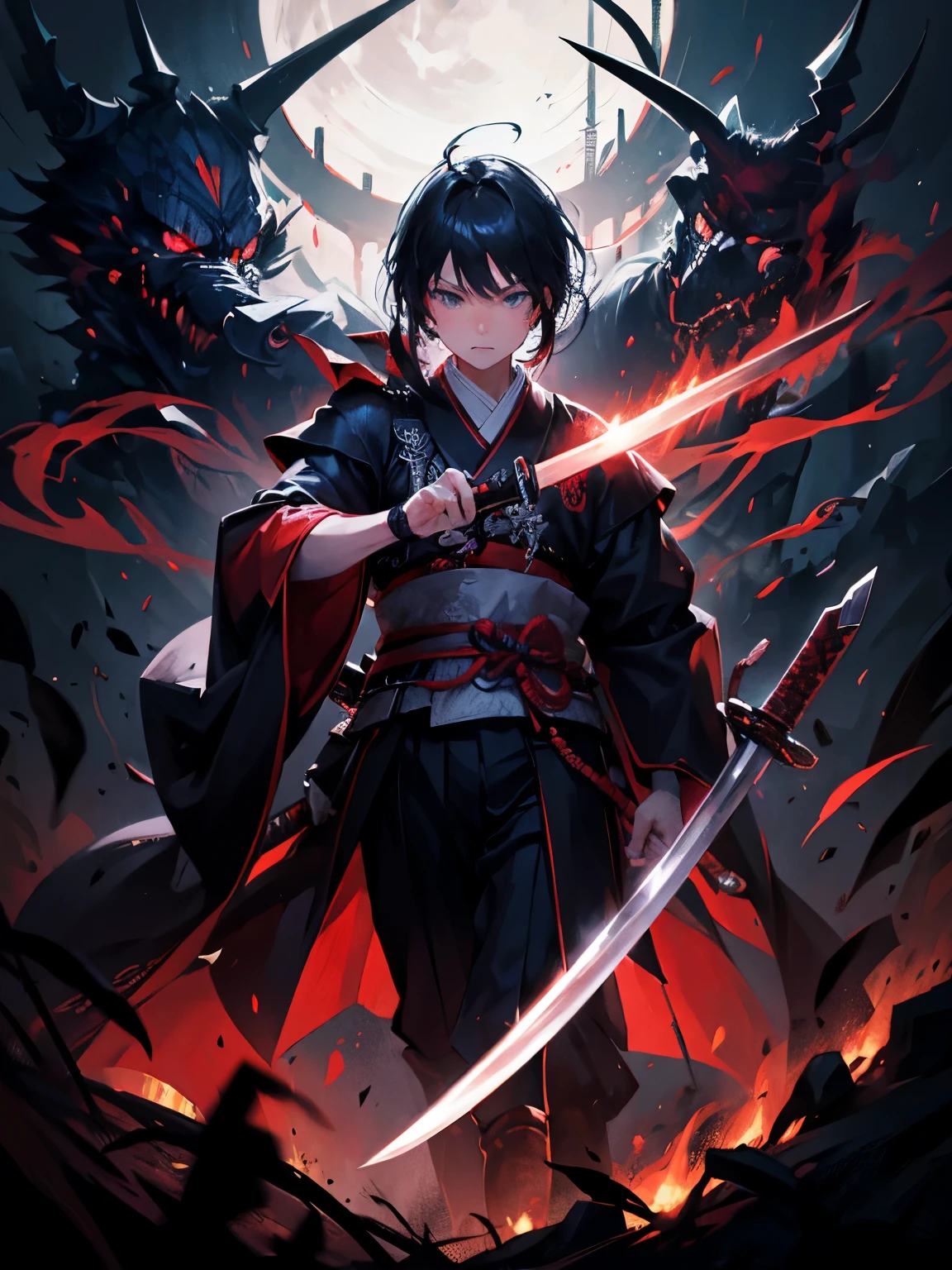 masterpiece, best quality, extremely detailed, anime,  A samurai, a sword, holding a sword, an evil aura surrounding the sword, a dark aura, a strong atmosphere,