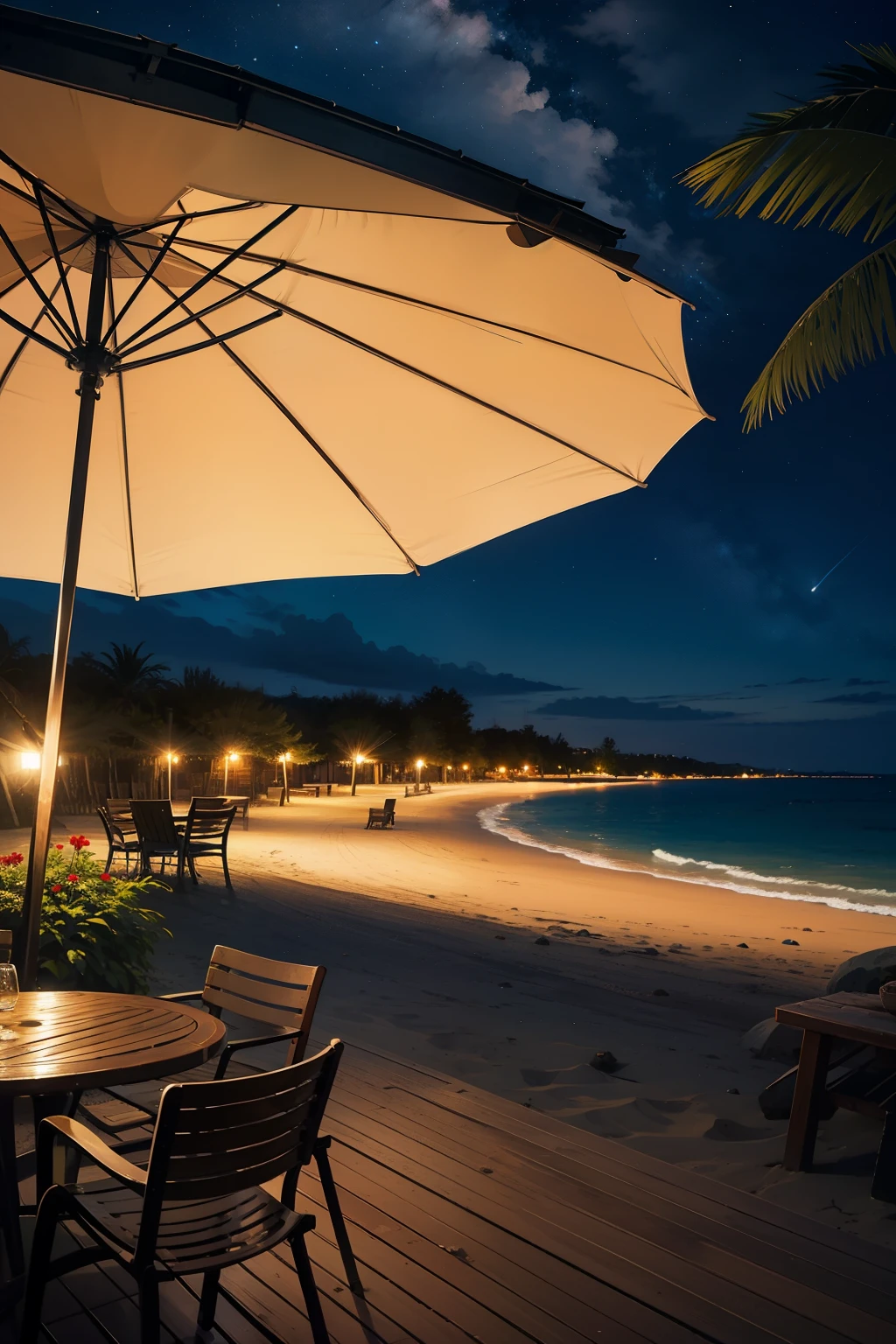 sandy beach at night,Chair,night sky、landscape,parasol,tropical country