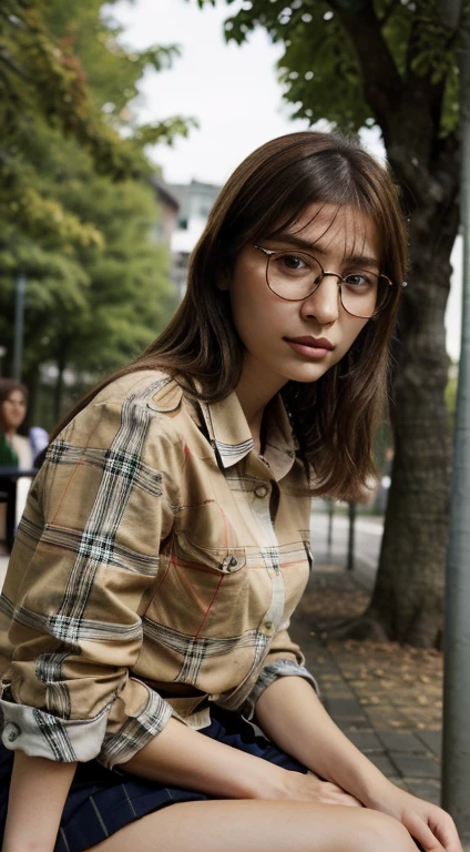 ((highest quality, 8K, masterpiece :1.3)), 1 girl, Slender pretty woman :1.3, (brown hair, shortcut, small breasts:1.2), ((Burberry checked collared shirt)), super detailed face, Highly detailed eye resolution, double eyelid、((Low - Angle))、(semi-long、Hair on my cheeks)、(Sitting at an open-air cafe along an autumnal tree-lined street)、skirt、Downcast gaze、depressed look、((round glasses))
