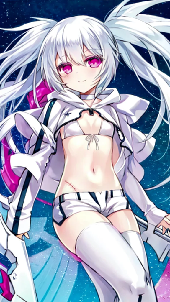 4k, 8K, (masterpiece, highest quality), intricate details,1 girl, pink eyes, White Rock Shooter, coat, collar, flat chest, Jacket, long hair, soft smile, Almost no emotion, scar, shorts, white bikini top, star \(symbol\), swimsuit, twin tails, uneven twin tails, ((Pink Fire)),fiery eyes, Pink Fire on eye, Clean atmosphere, Cold atmosphere, White Dimension,