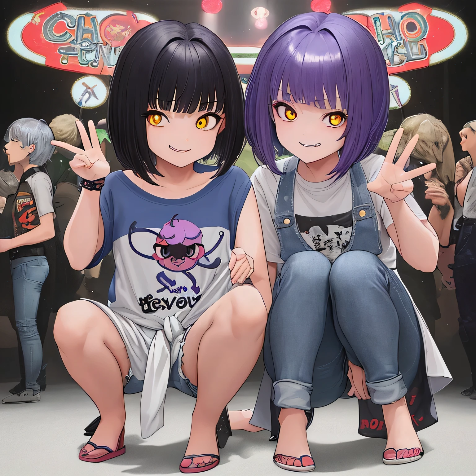 Chicha with very very short blue jeans and very big thighs, a short white t-shirt and the letters "xxx" in the center. She looks like a mischievous and joking girl, with short purple hair in the Shaggy Bob style, yellow eyes and brown pupils, with a pose with both hands on her waist and semi-crouched. : its atmosphere straight out of a comic-con, accompanied by its mocking smile