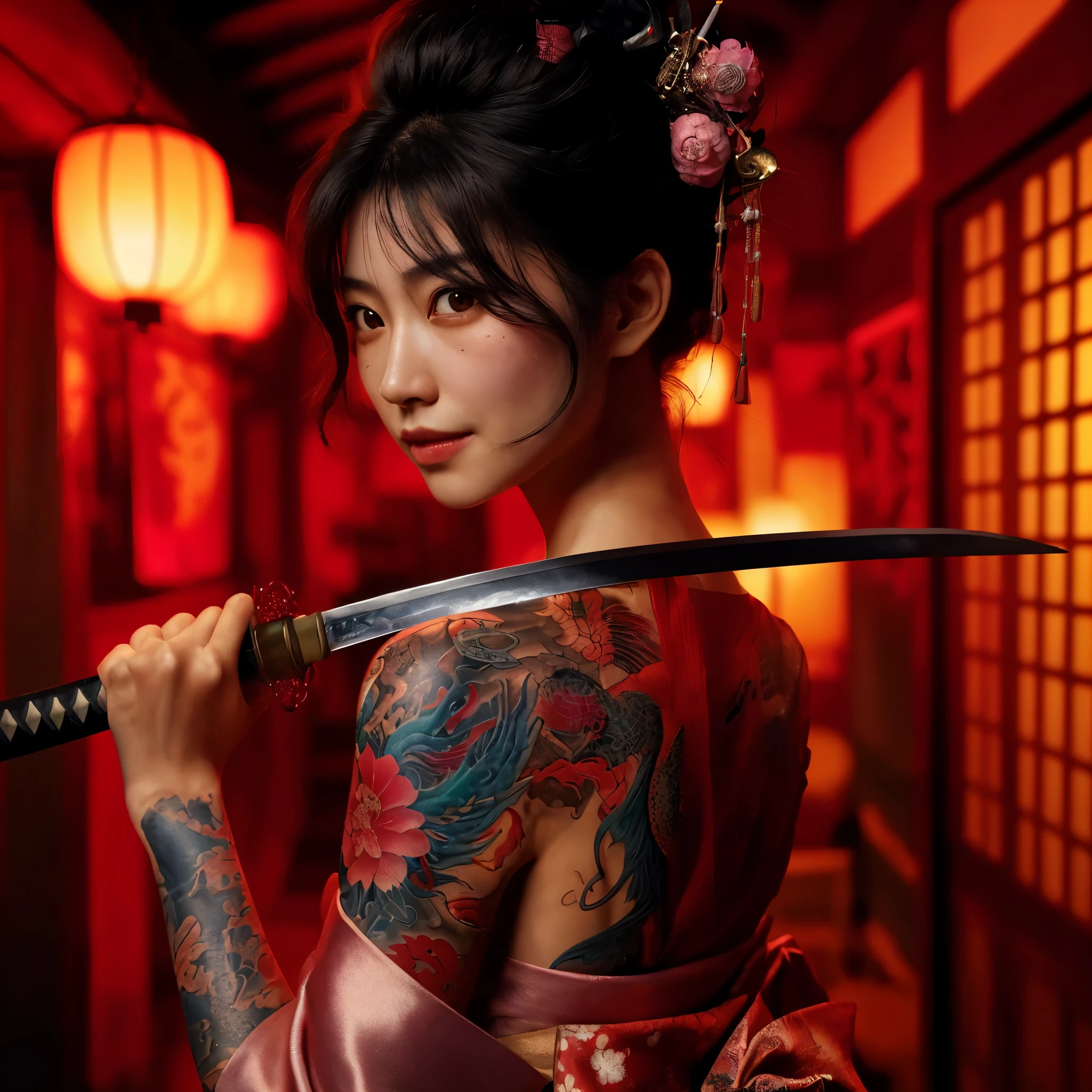 8k Uhd, Dslr,Film Grain, Fujifilm XT3,(Best Quality:1.3), (Masterpiece:1.1), High Resolution, Cinematic Light, Intricate Details, (Photorealistic) (night scene) a realistic backlight dramatic red tone light photography beautiful japanese geisha girl, ((facial texture pore detail)), cool smile, simple messy hairdo, wearing short satin kimono with traditional motif, open shoulder, full body colourful dragon tattoo, ready to attack with katana blade, inside traditional villa, 8K