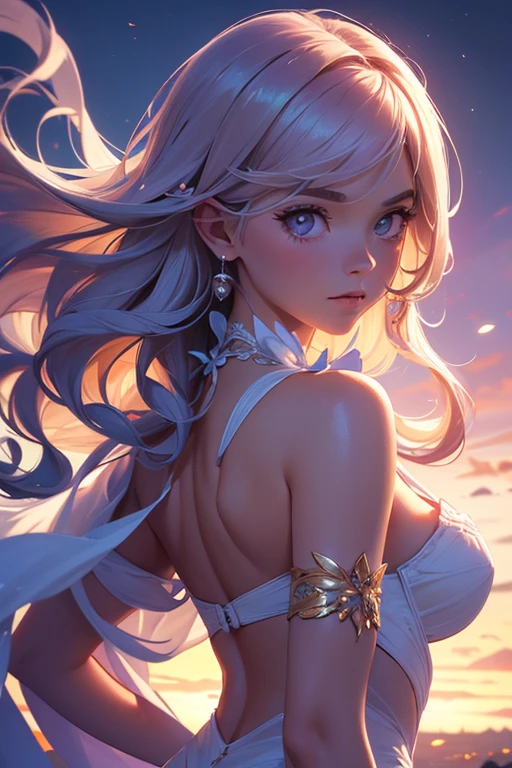 1 girl (Masterpiece, best quality, photorealistic, highres, photography:1.3), close-up portrait, sharp focus, 1 blonde haired girls, European fashion models, flawless skin, slim feminine appearance, flat abdomen, slender abs, cleavage, messy hair, detailed hair strands, delicate sexy face, allure look, ((elegant girl, high society, detailed makeup, influencer, perfect skin)), outdoor fashion photoshoot, standing pose, ((realistic, ultra realistic, realism, realistic detail)), pink highlights