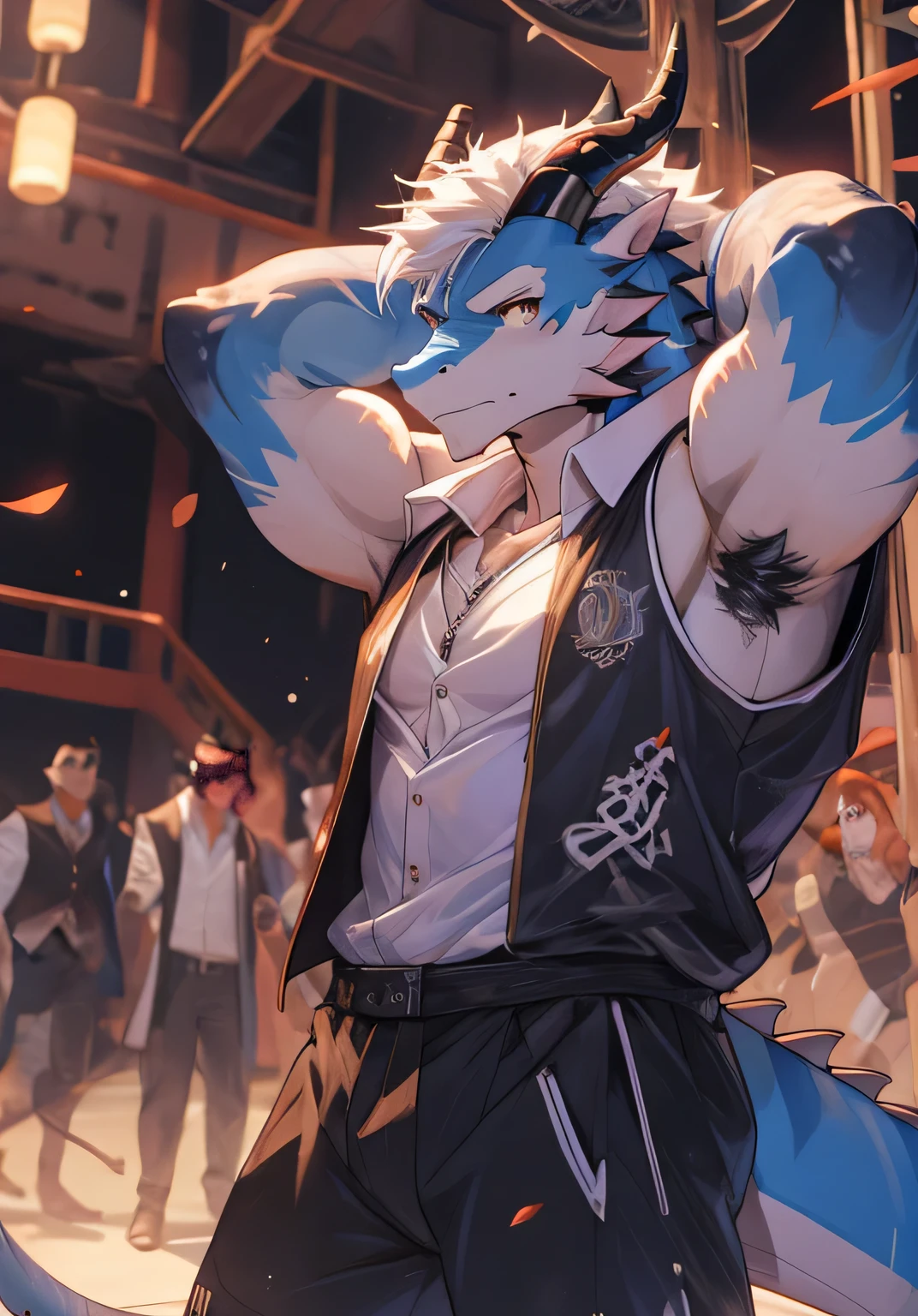 (masterpiece),(Very detailed),(high detail),(best quality),hairy,dragon,dragon scales,dragon horn,blue fur,white hair,golden pupils,8k,((high quality)),(basketball court background),(White sleeveless shirt:1.2),Hands behind head,