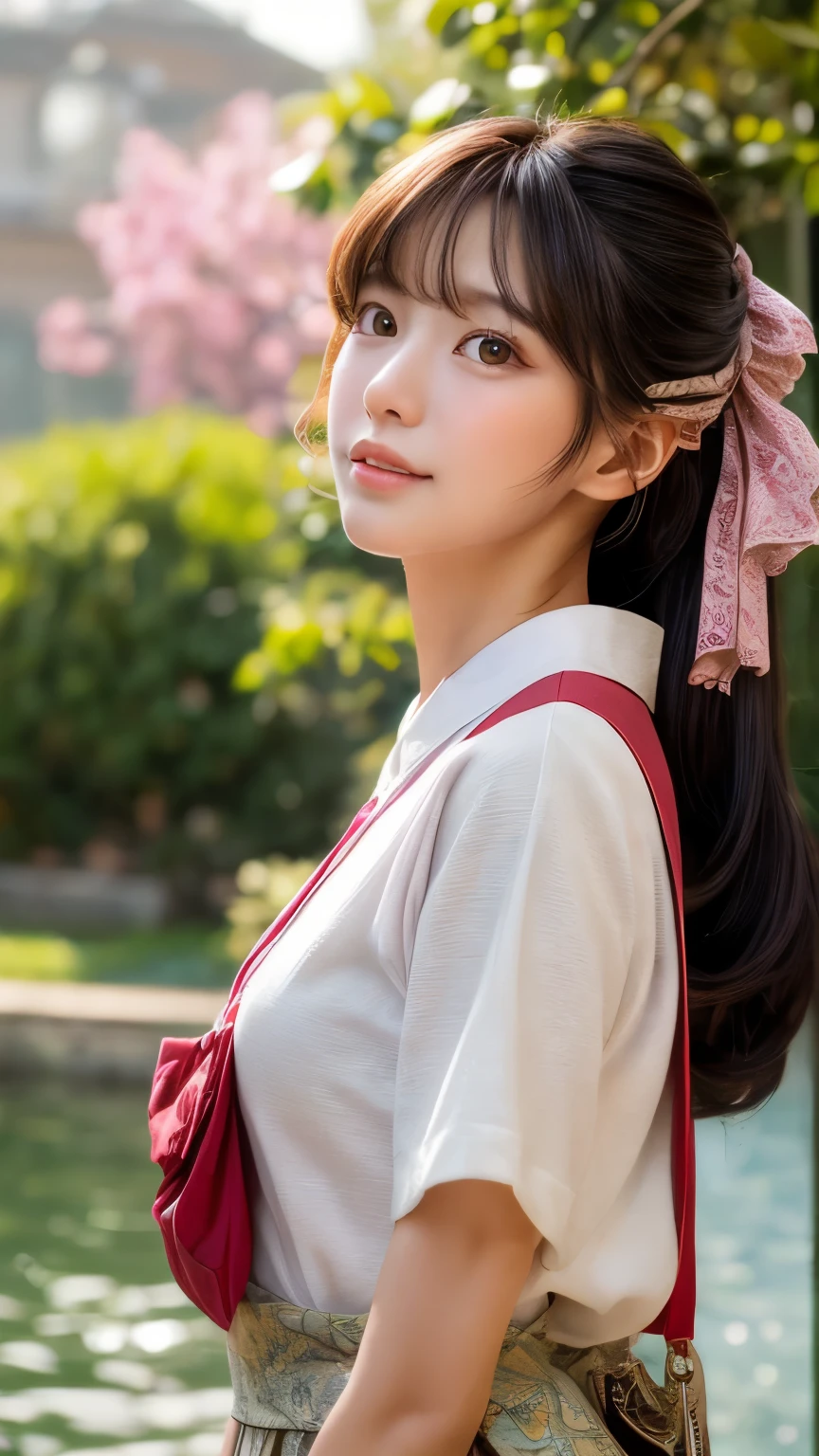 Dragon Ball bloomers, futuristic scene, 機械的に強化された日本のhigh school girl、Elegant in an elaborate garden. She has beautifully detailed eyes and lips that complement her face. high school girl。.uniform。.。.。.。.。.。14 year old girl.. Around her are bright チューリップ and a quiet carp pond. The scenes are drawn using a combination of illustration and photorealism, Rose,Highly detailed brush strokes and sharpness, bright colors. uniformの優美な姿を際立たせる照明, gives softness to the skin, porcelain shine。. Artwork is of the highest quality, Exquisite costume details on display, Rose, . The overall color scheme is、、、、、、、、、、、、、、、traditional Japanese color combinations, crimson, hang on., bus stop、sit on a swing、Headphones around the neck、Side view、Side view、whole body、cute clothes、from far away、Open the center、Big eyes、random pose、whole body、