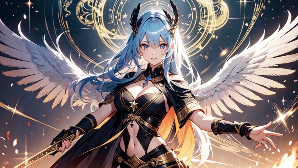 a goddess of the magic, sexy and beautiful, A pair of black and white feather wings behind the back, upright star totem float behind the back, magic circle on feets, halo, super textured skin, super detail face, perfect face, Super fine facial details, beautiful and delicate eyes, perfect eyes, correct limbs, correct figner, super detail figner, best hair quality, best clothing quality, best prop quality, best halo detail and quality, best magic circle detail and quality, complex halo detail, anatomically correct