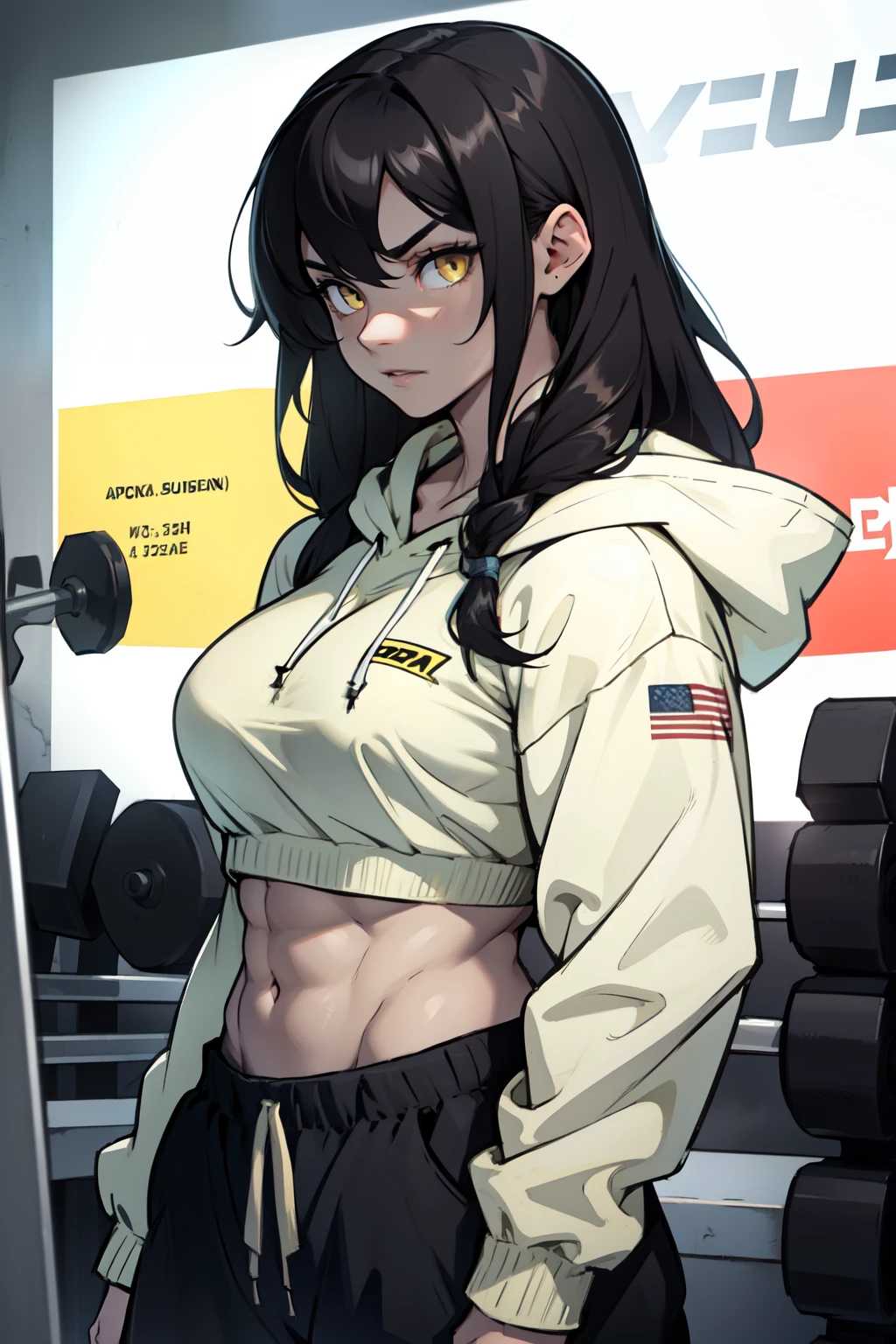 angry ((((1girl)))) (((bodybuilder))) pale skin black hair very long hair yellow eyes