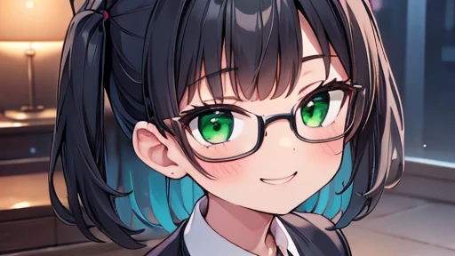 masterpiece,highest quality,wonderful,finely,High resolution,1 girl, big breasts,(evil smile:1.3), black hair, glasses, green eyes,full body