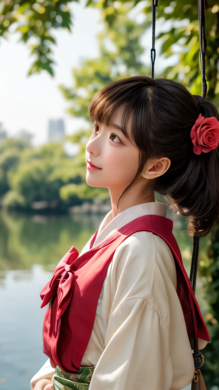 Dragon Ball bloomers, futuristic scene, 機械的に強化された日本のhigh school girl、Elegant in an elaborate garden. She has beautifully detailed eyes and lips that complement her face. high school girl。.uniform。.。.。.。.。.。14 year old girl.. Around her are bright チューリップ and a quiet carp pond. The scenes are drawn using a combination of illustration and photorealism, Rose,Highly detailed brush strokes and sharpness, bright colors. uniformの優美な姿を際立たせる照明, gives softness to the skin, porcelain shine。. Artwork is of the highest quality, Exquisite costume details on display, Rose, . The overall color scheme is、、、、、、、、、、、、、、、traditional Japanese color combinations, crimson, hang on., bus stop、sit on a swing、Headphones around the neck、Side view、Side view、whole body、cute clothes、from far away、Open the center、Big eyes、random pose、whole body、