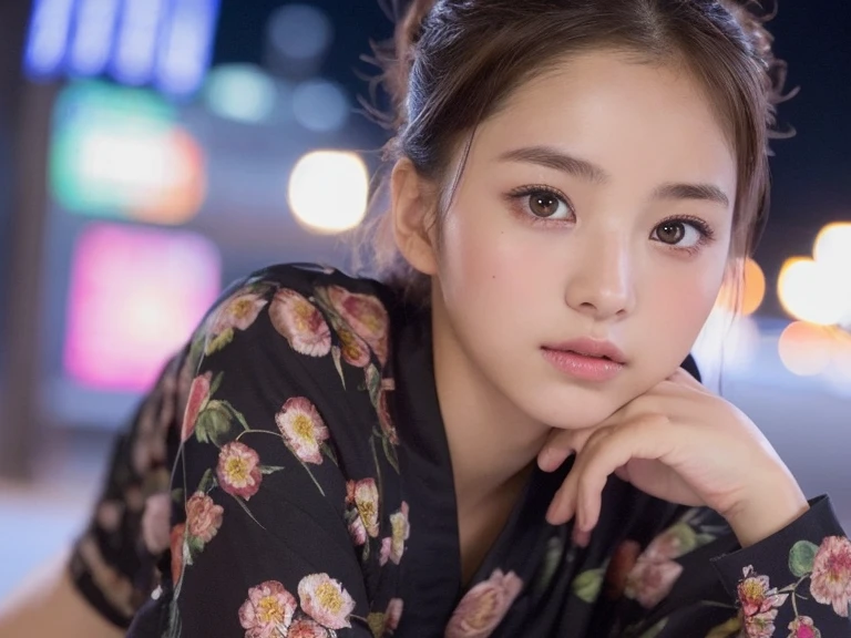 Top quality, realistic, perfect human body structure, very detailed, very delicate and beautiful, RAW photos, (big fireworks shining in the night sky), black yukata, professional lighting, face lighting, depth of field, single focal, pull photo, woman, brown hair, brown eyes, small head, (((big))), baby face, irl, beautiful eyes, real face, real face, real skin, detailed eyes, (half half) updo:1.3), sexy pose, viewer, detailed face and breast look, middle school studen
