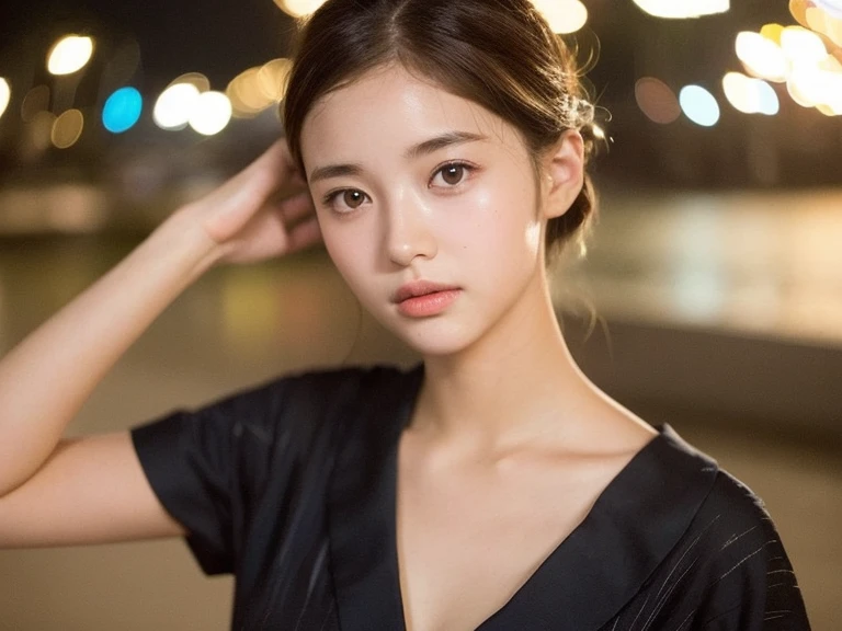 Top quality, realistic, perfect human body structure, very detailed, very delicate and beautiful, RAW photos, (big fireworks shining in the night sky), black yukata, professional lighting, face lighting, depth of field, single focal, pull photo, woman, brown hair, brown eyes, small head, (((big))), baby face, irl, beautiful eyes, real face, real face, real skin, detailed eyes, (half half) updo:1.3), sexy pose, viewer, detailed face and breast look, middle school studen