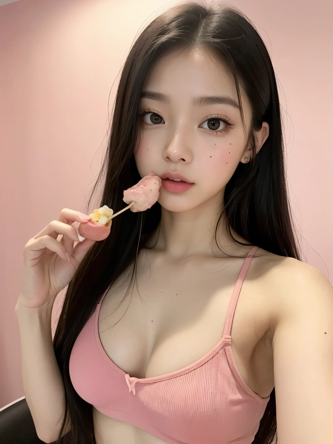 Kim Jennie de blackpink con el cabello rubio claro, cabello rubio con ondulado, cabello de color rubio ondulado, with small fringes, ojos color negro, nariz respingada y bonita, labios gruesos, Cupid and heart shaped lips.., labios rosas, pale, piel blanca, piel bonita y suave, con pecas y lunares, cejas bonitas, marked and beautiful clavicle, mientras tiene unas rosas color rojo tinto en su top, rojo oscuro, con ropa interior femenina, abdomen delgado y bonito, escote desnudo, (pechos grandes, pechos suaves, pechos naturales), mientras agarra una rosa, in a room with a pink background, eating hamburgers and asian noodles, mirando a la camara, autofoto