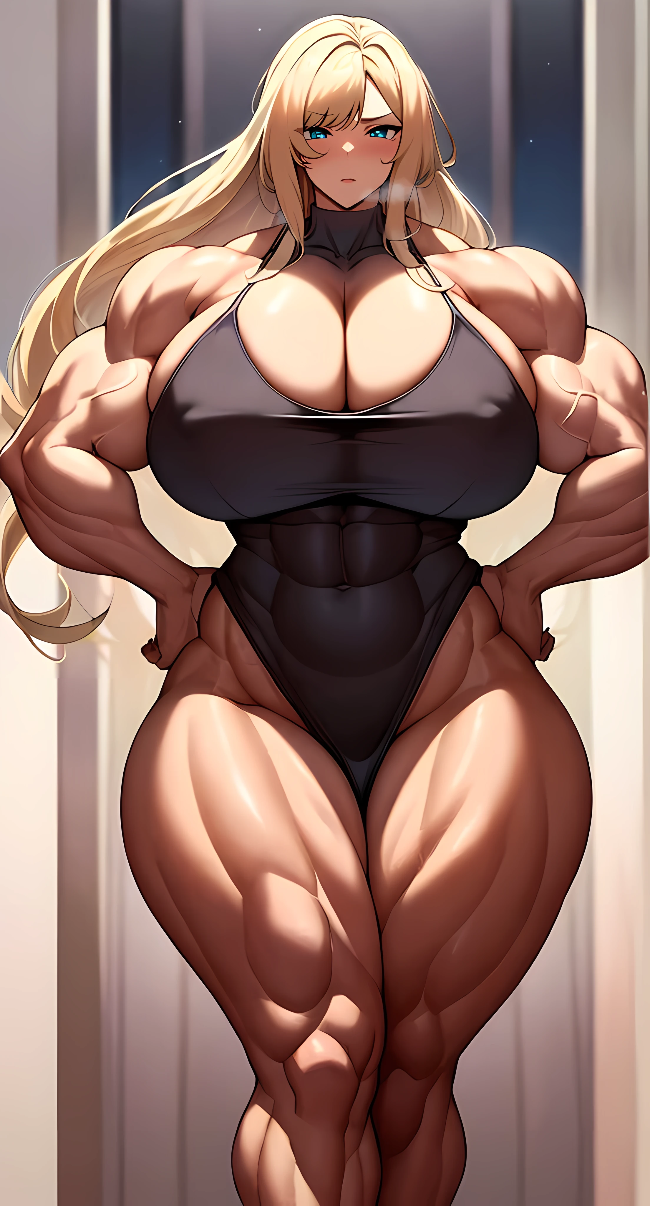 (masterpiece, best quality, high quality, highres:1.4), detailed, very tall, roupas apertadas , (((Massive female bodybuilder))), extremely detailed, vizinha gostosa , vestindo camisola, 4K, 1girl, (mature female, milf:1.2), long hair, Platinum blonde hair, (((large breasts))), curvy , small waist, (Sweater, Dress pants, Huge Cleavage), (indoor), (night), Hands on hips pose, defiance512