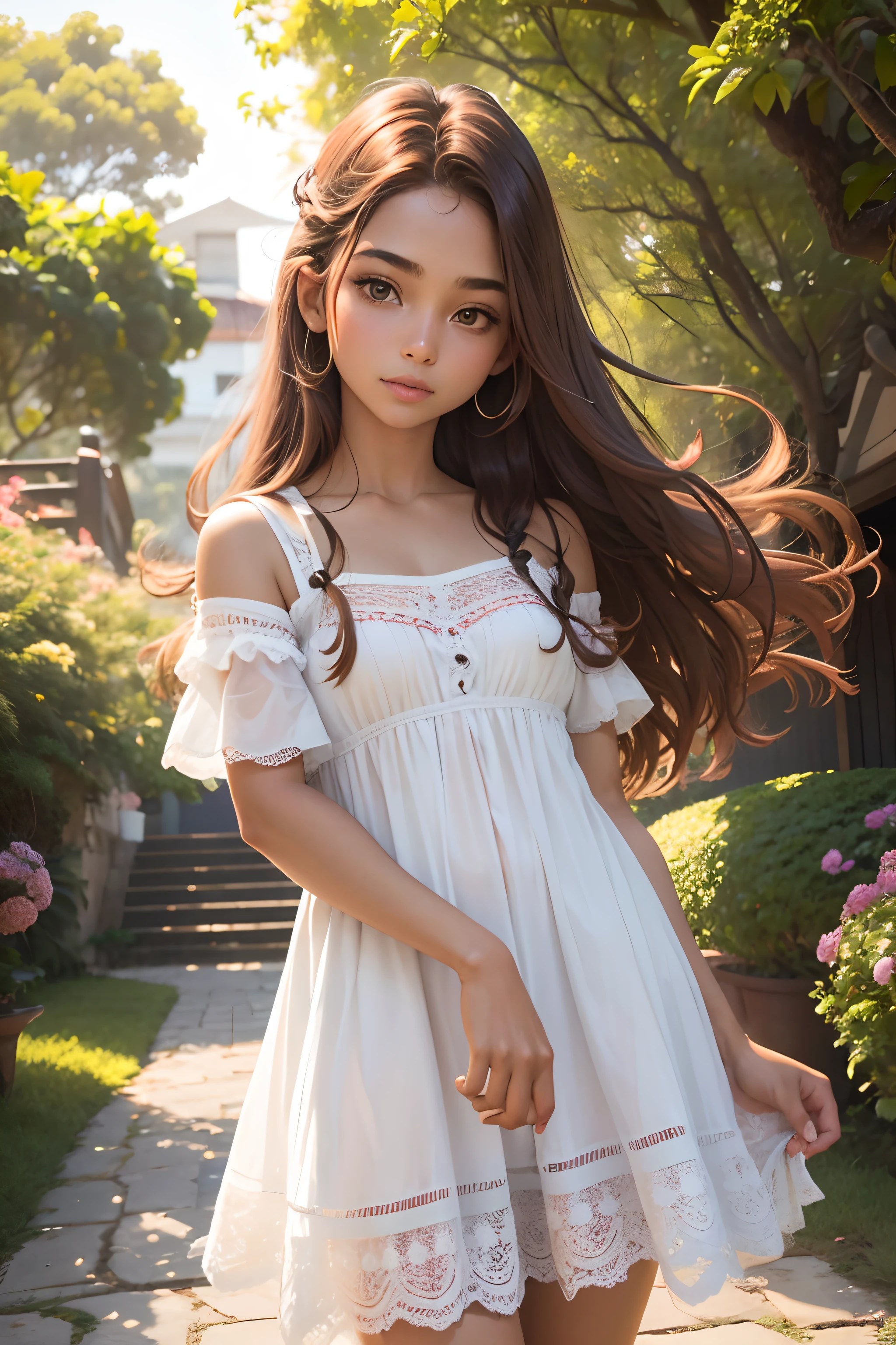 garota meiga de pele bronzeada, cabelo ruivo, vestido longo florido