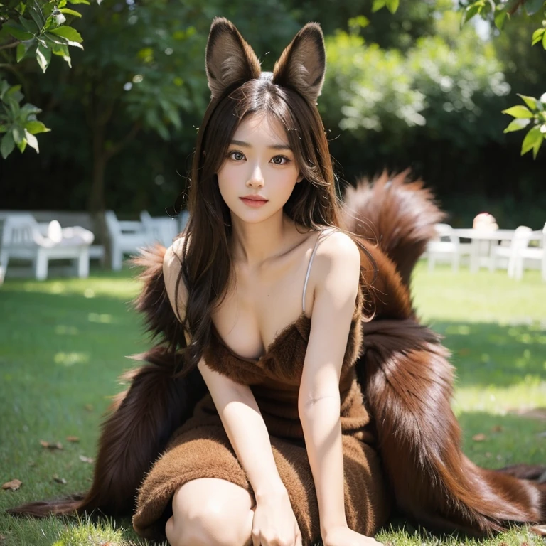 fox, (monster girl), long brown ears,dark brown inside, brown fur, tanned neck fuzz, brown furry tail,The tip is brown, big brown eyes, Wear transparent clothing, sitting in the garden, masterpiece, best quality